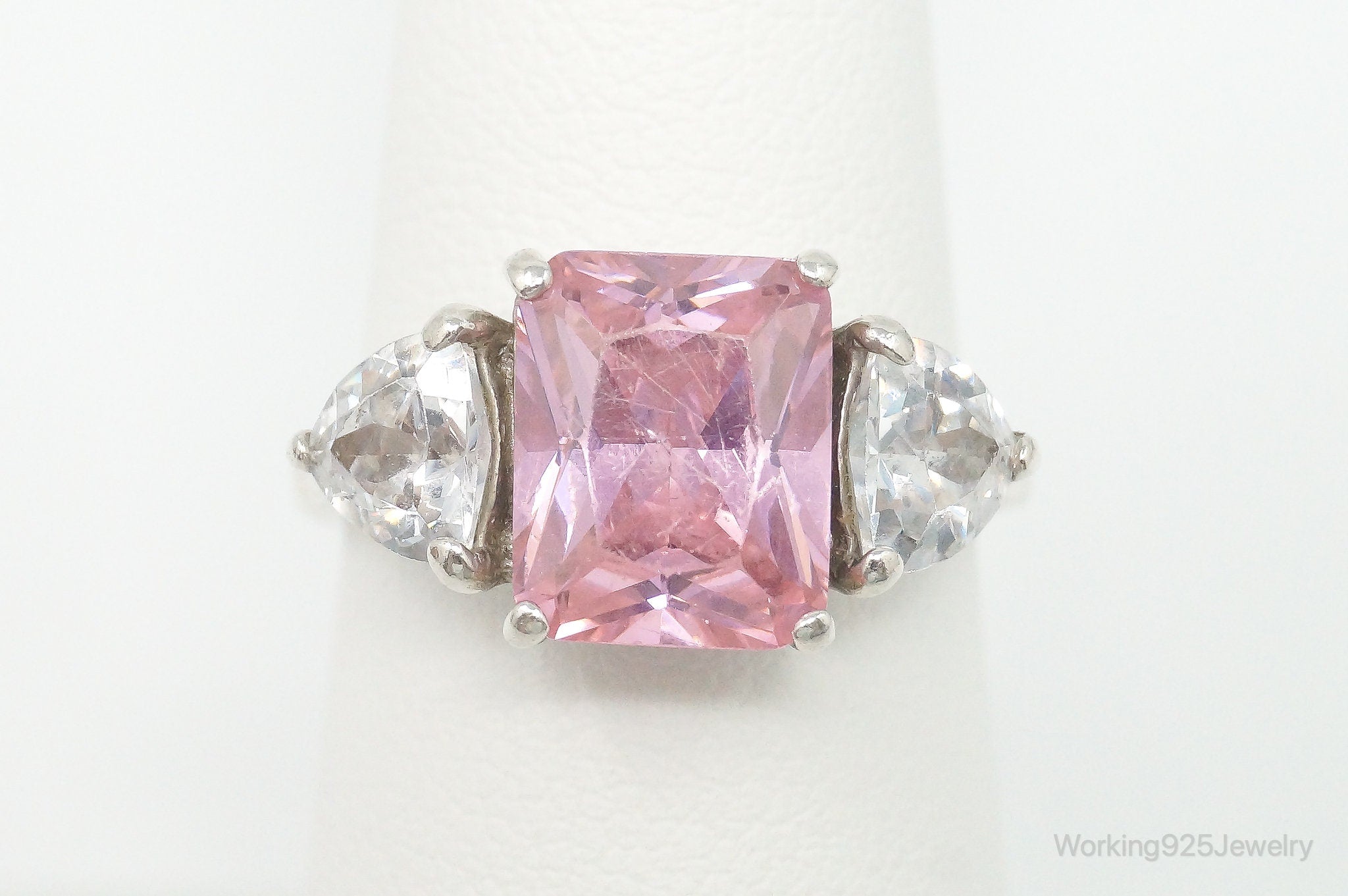 Vintage Large Pink Cubic Zirconia Sterling Silver Statement Ring - Size 7.25