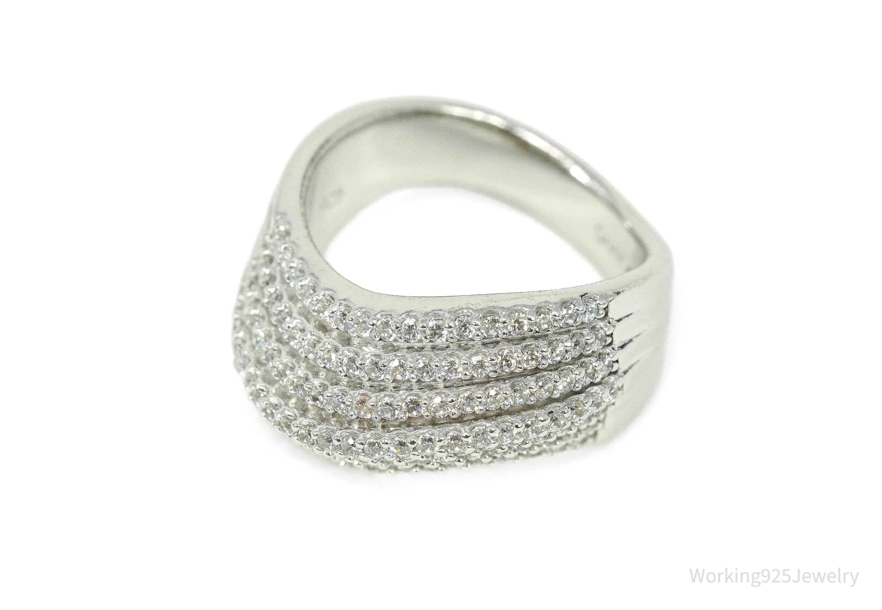 SUZY LEVIAN Pave Cubic Zirconia Sterling Silver Wavy Crossing Ring Size 8