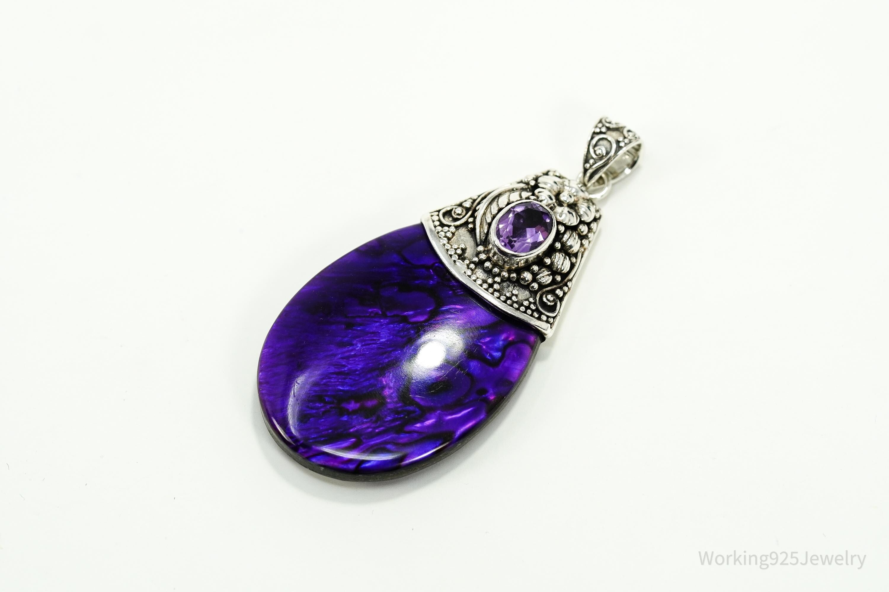 Vintage Large Purple Paua Abalone Shell & Amethyst Sterling Silver Pendant