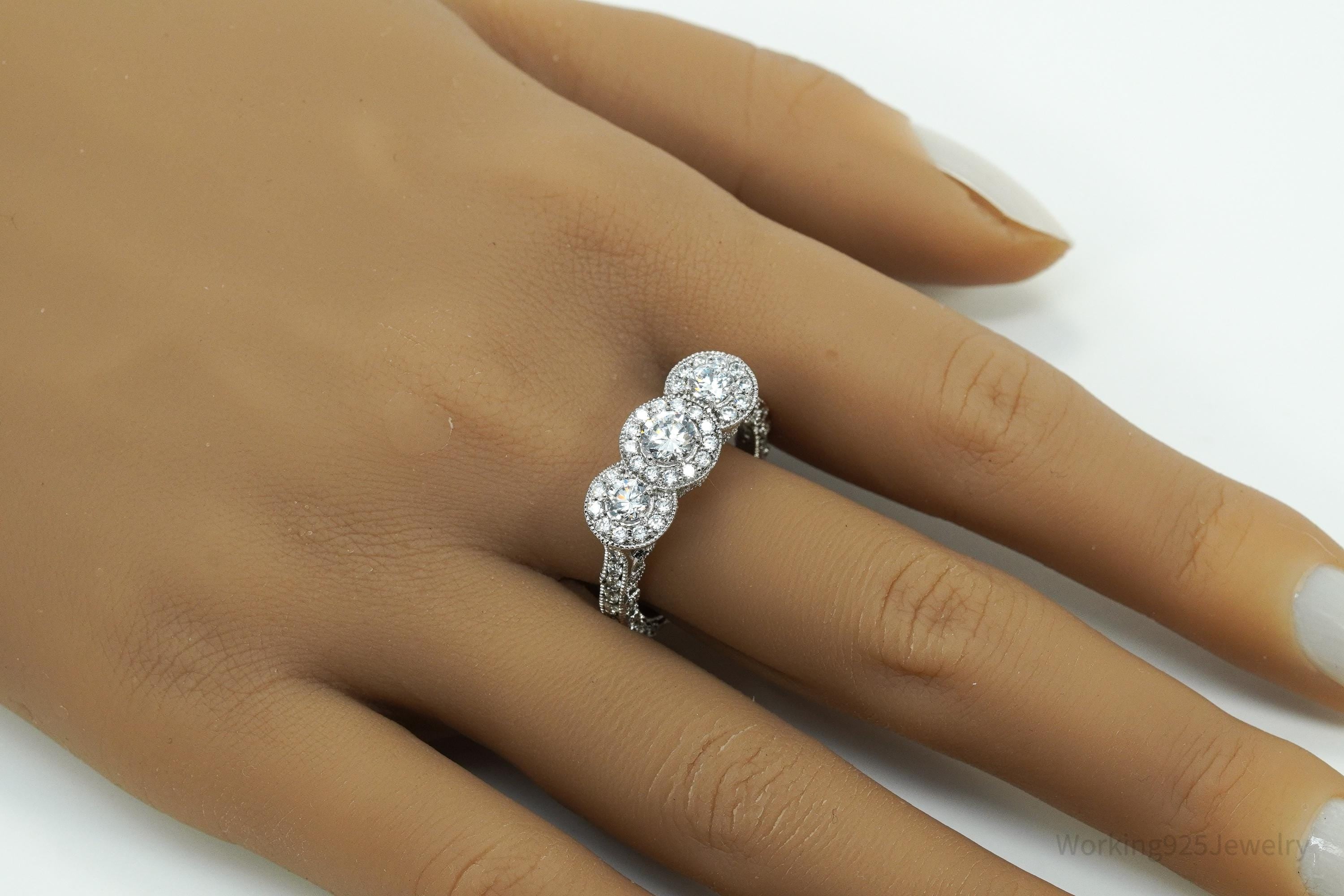 Designer STAUER Three Stone Halo Cubic Zirconia Sterling Silver Ring - Size 10