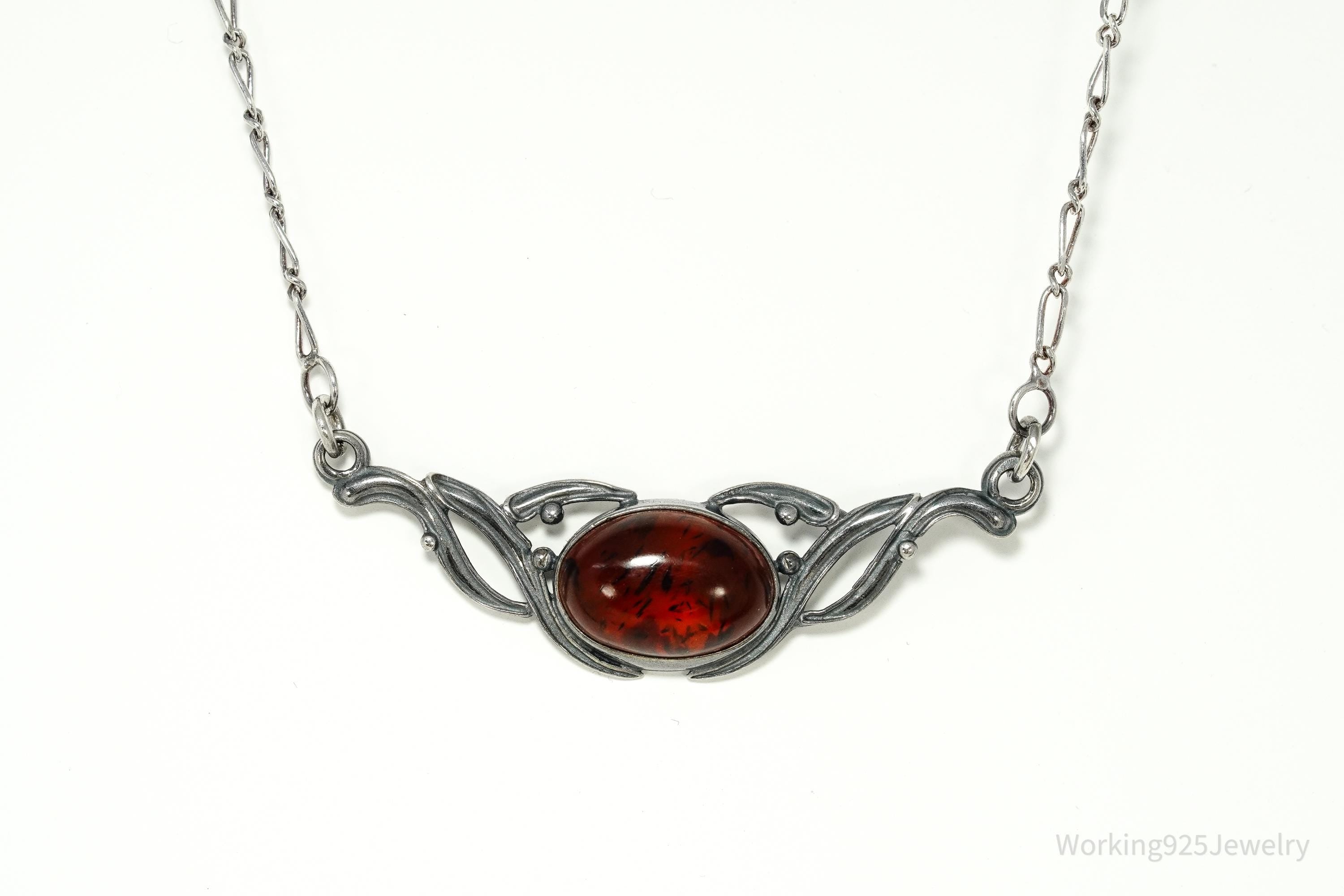 Vintage Amber Sterling Silver Necklace 16"