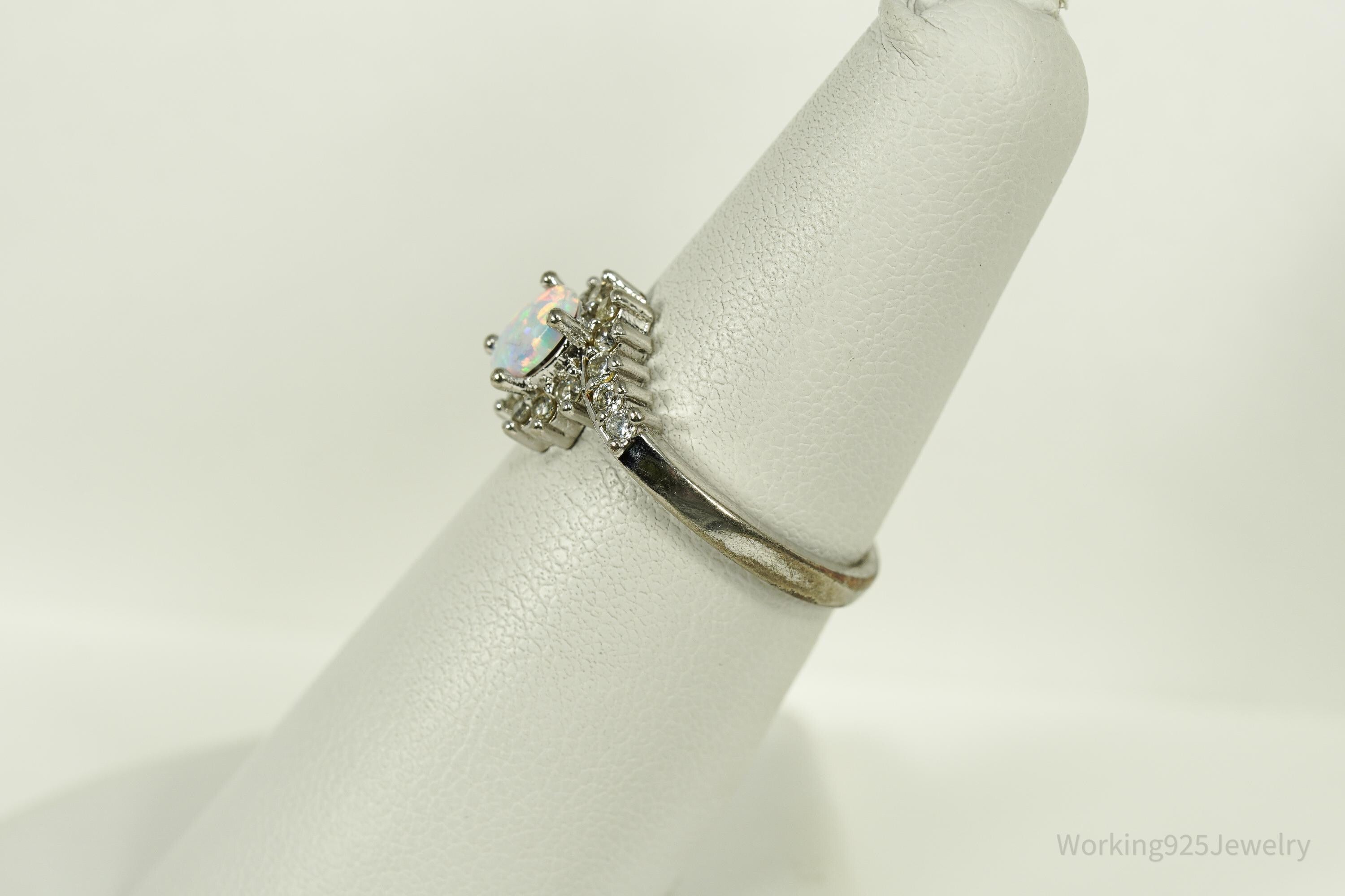 Vintage Opal & Cubic Zirconia Sterling Silver Plated Ring - Size 6