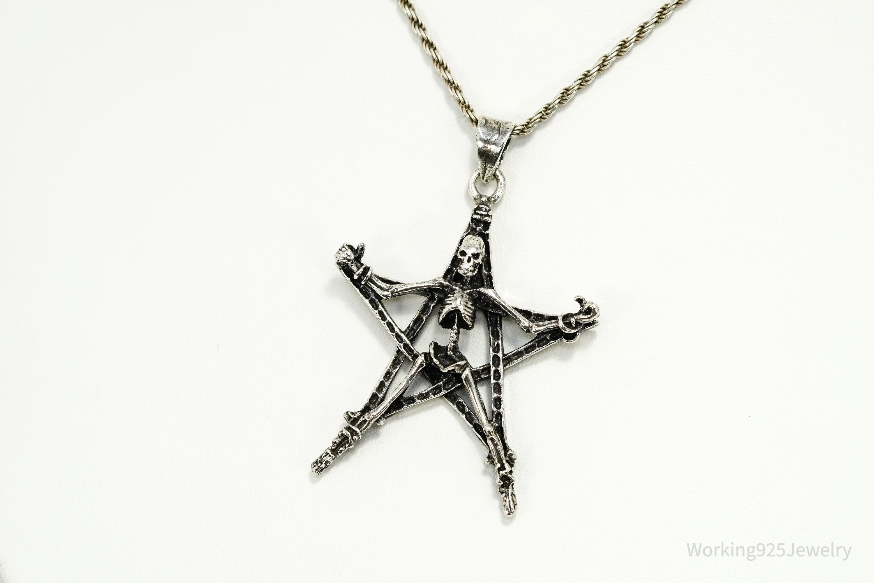 Vintage Skeleton Pentagram Sterling Silver Necklace 20"