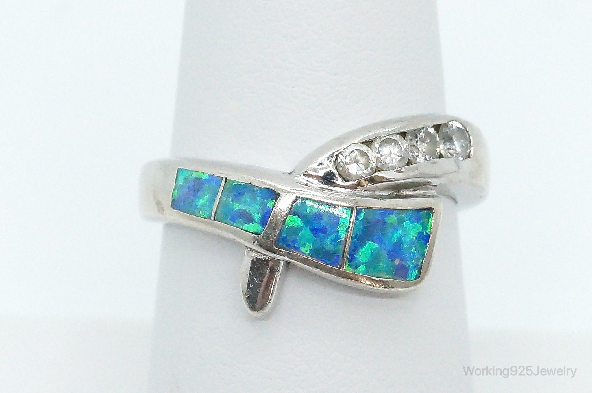 Designer AK Cubic Zirconia Opal Sterling Silver Ring - Size 7
