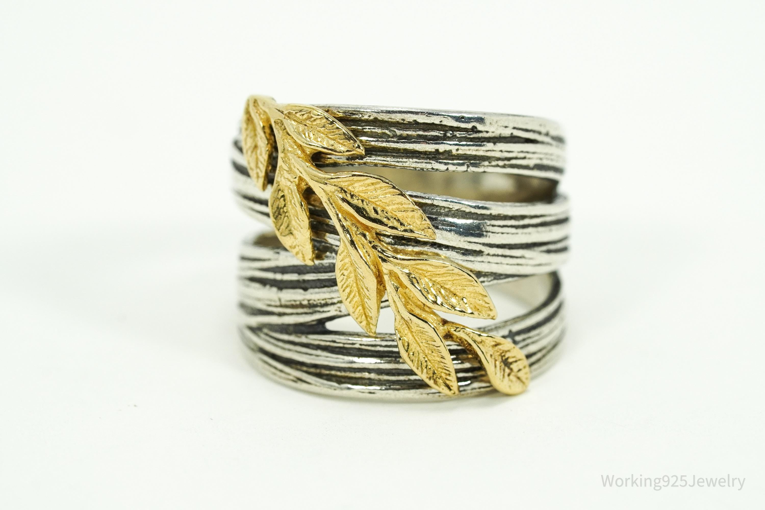 Vintage Israel Designer Paz Gold Vermeil Leaves Sterling Silver Ring Size 6.75