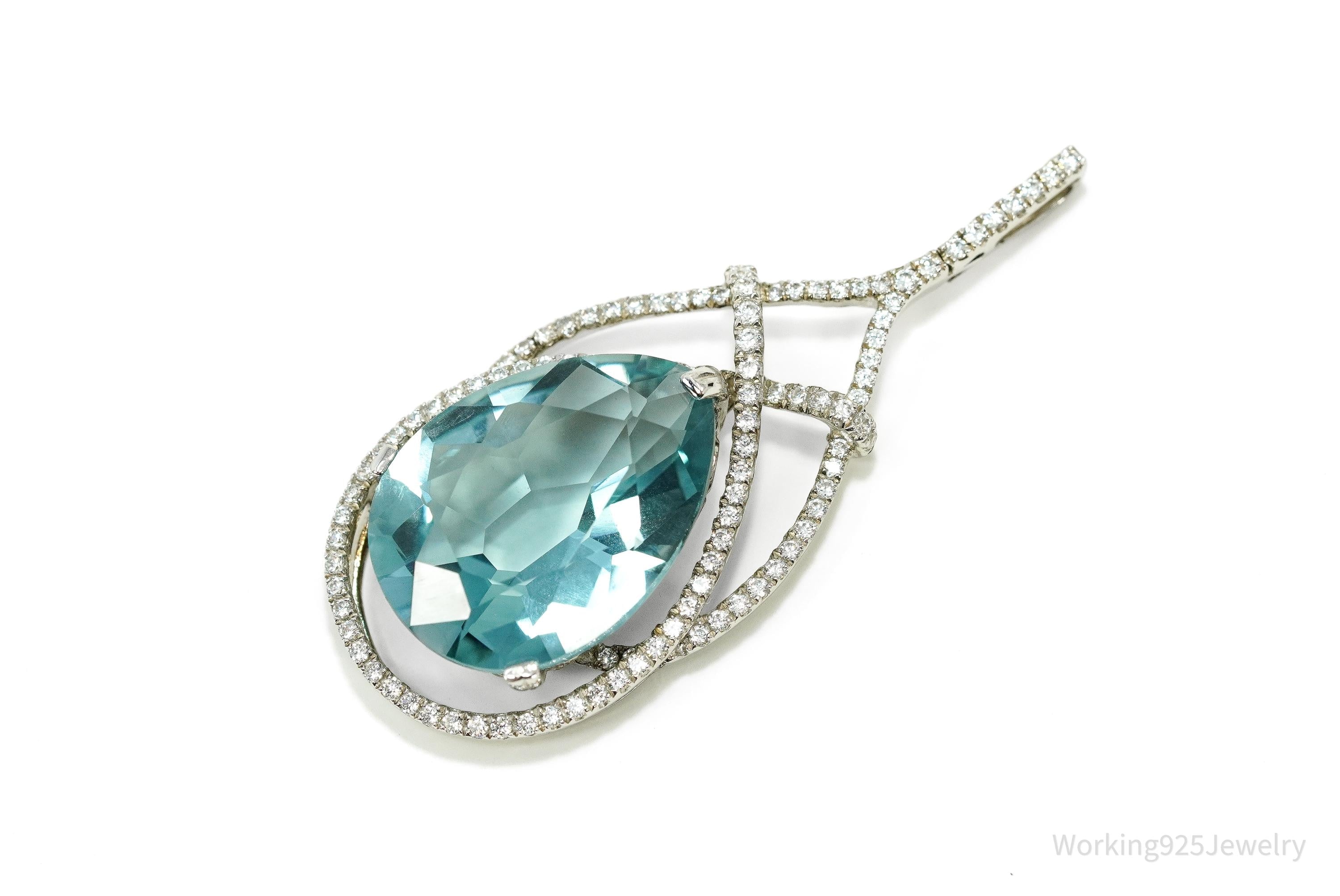 STAUER Large Blue Topaz & White Zircon Sterling Silver Pendant