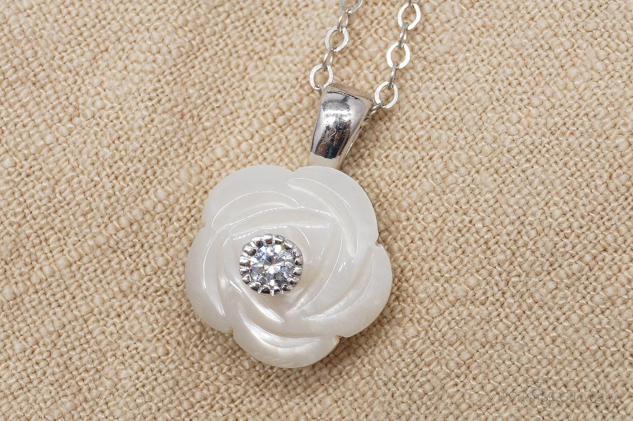 Vintage Cubic Zirconia & Mother Of Pearl Rose Sterling Silver Necklace 18"