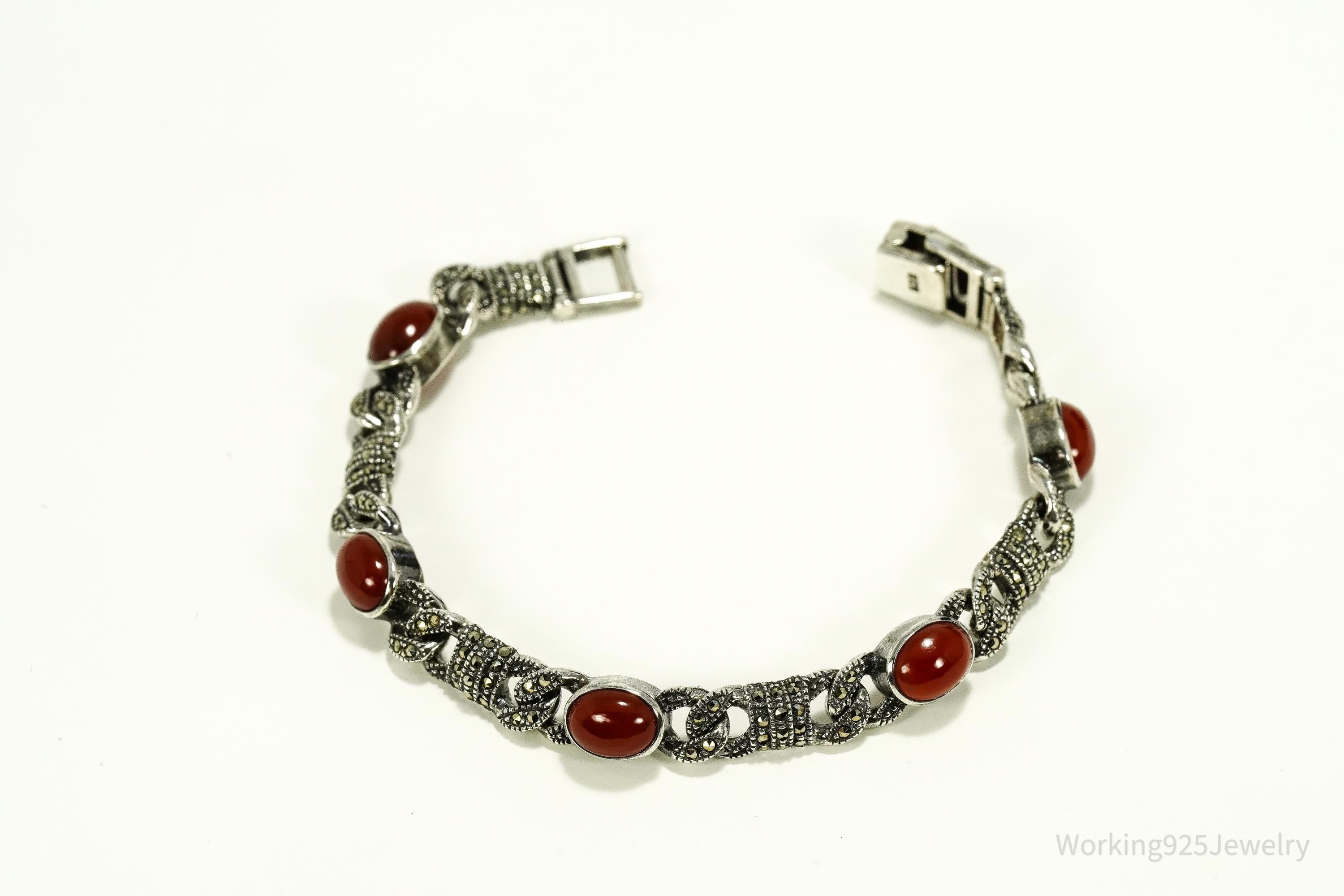 Vintage Carnelian & Marcasite Sterling Silver Bracelet 7 1/8"