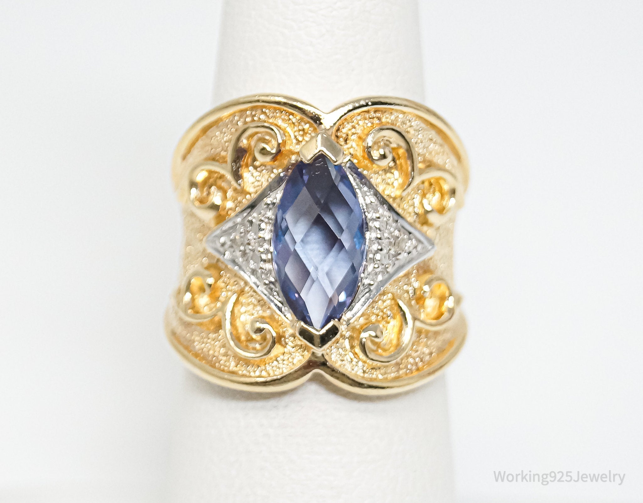 VTG Color Change Sapphire 2 Diamond Gold Vermeil Sterling Silver Ring - Size 6