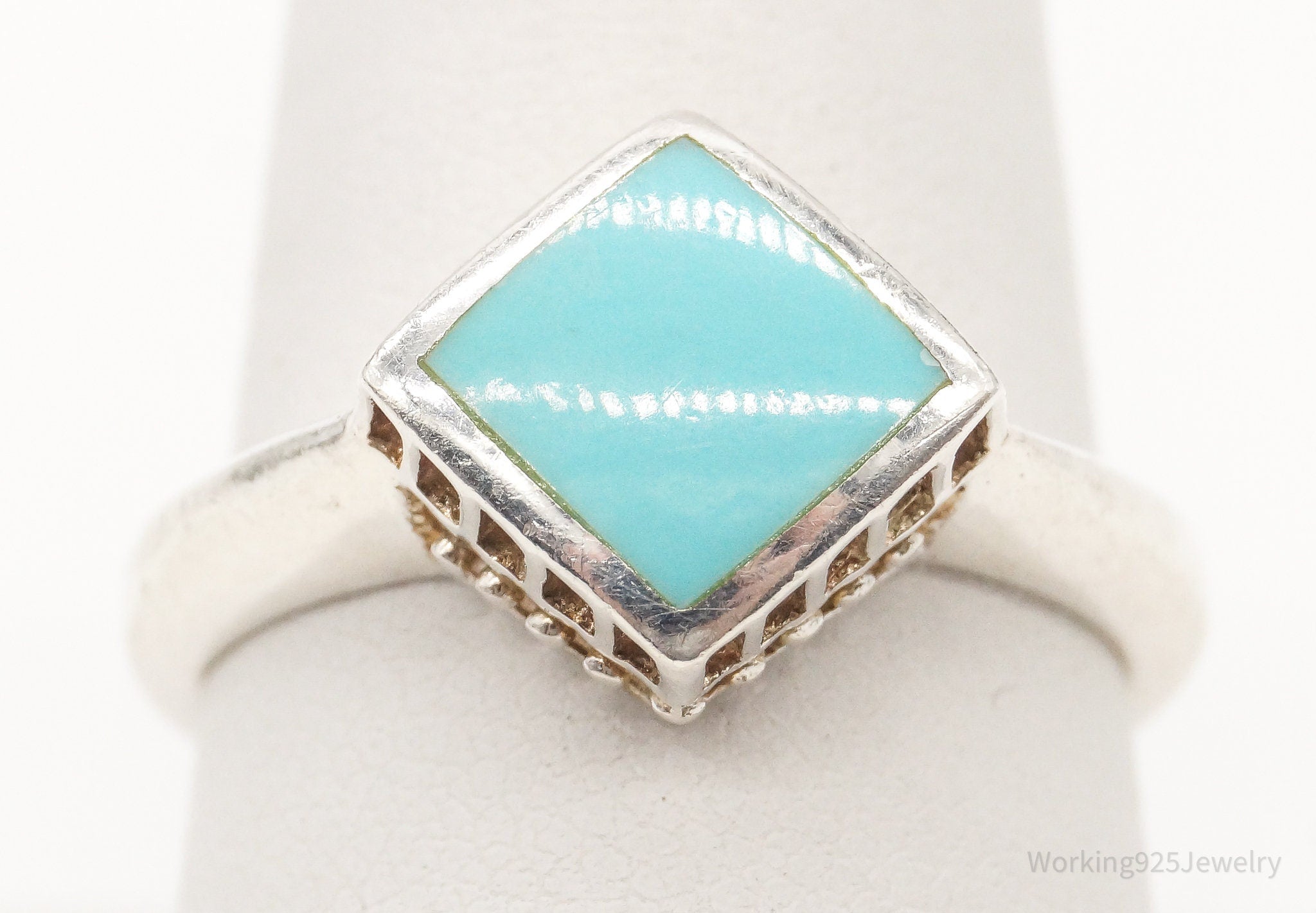 Vintage Lab Created Turquoise Sterling Silver Ring - Size 8.75