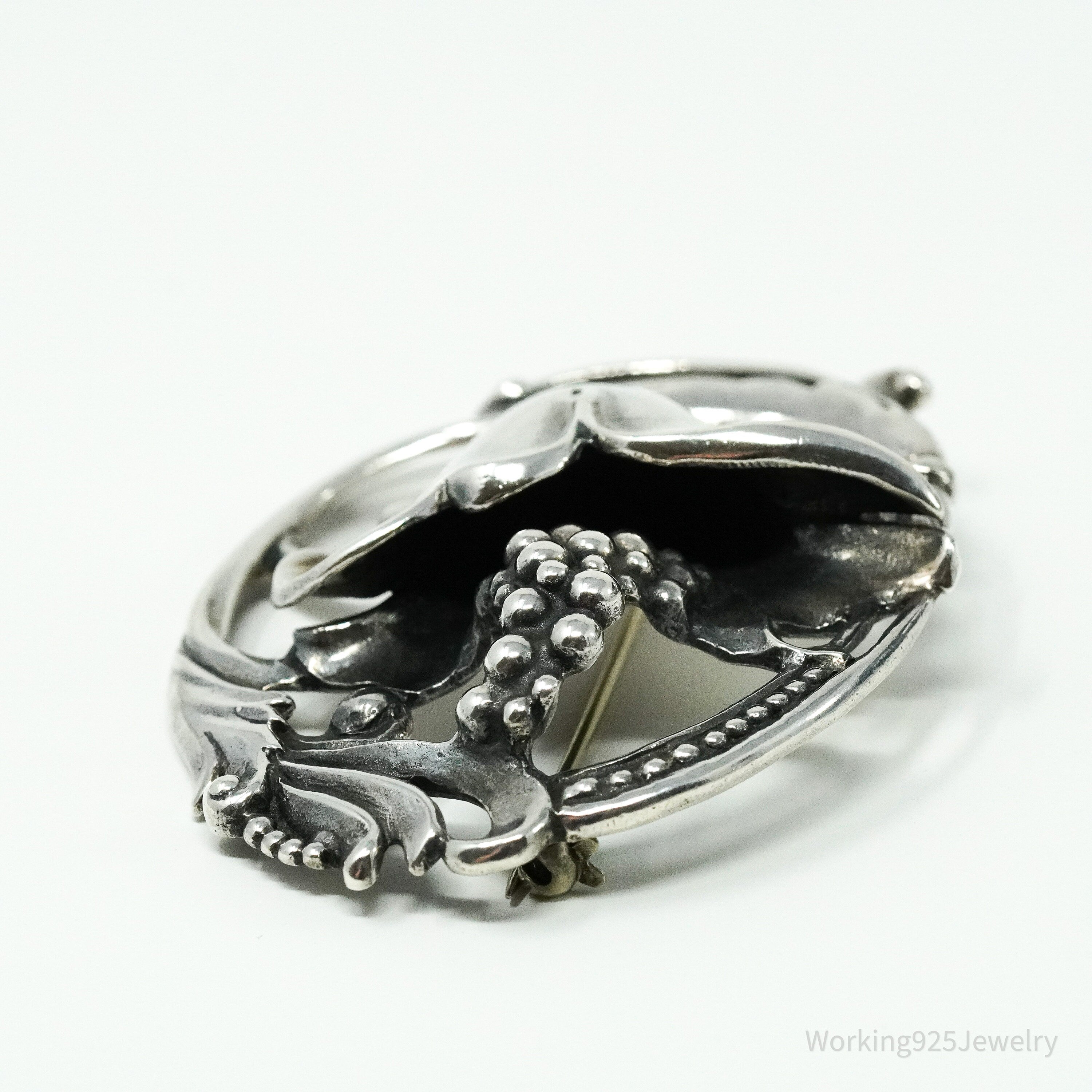 Antique Floral Sterling Silver Brooch Pin 2.5"