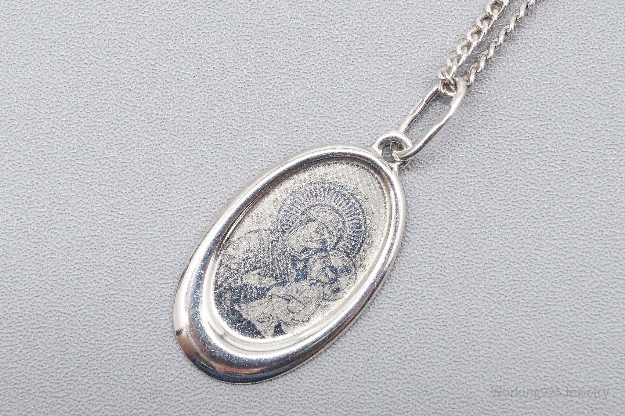 Antique Mary & Jesus Sterling Silver Necklace 17"
