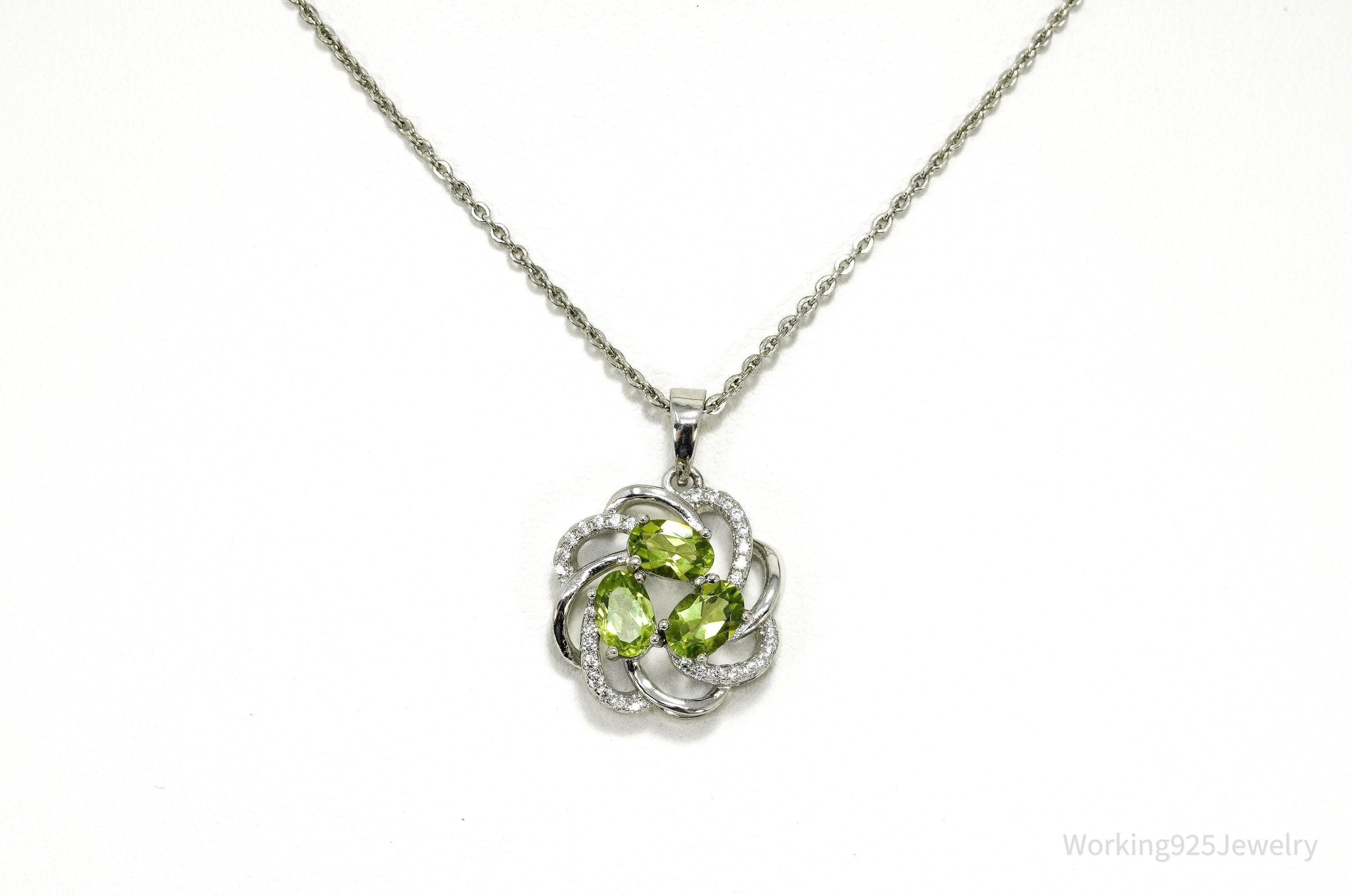 Vintage Peridot & Cubic Zirconia Sterling Silver Necklace 18"