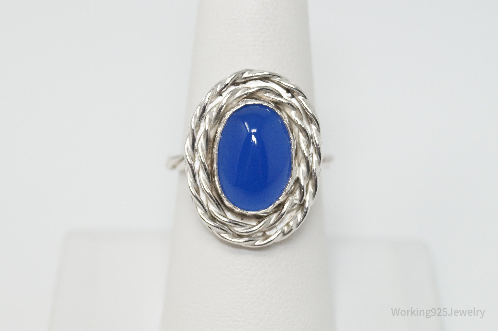 Vintage Large Blue Chalcedony Sterling Silver Ring - Sz 7.5