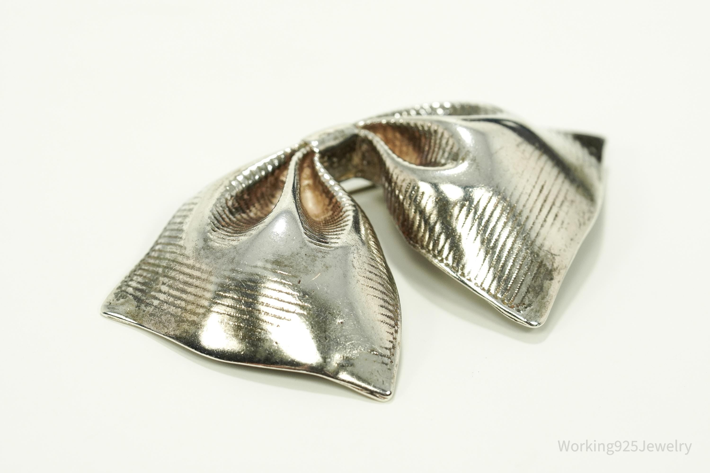Antique Large Bow Tie Sterling Silver Brooch Pin