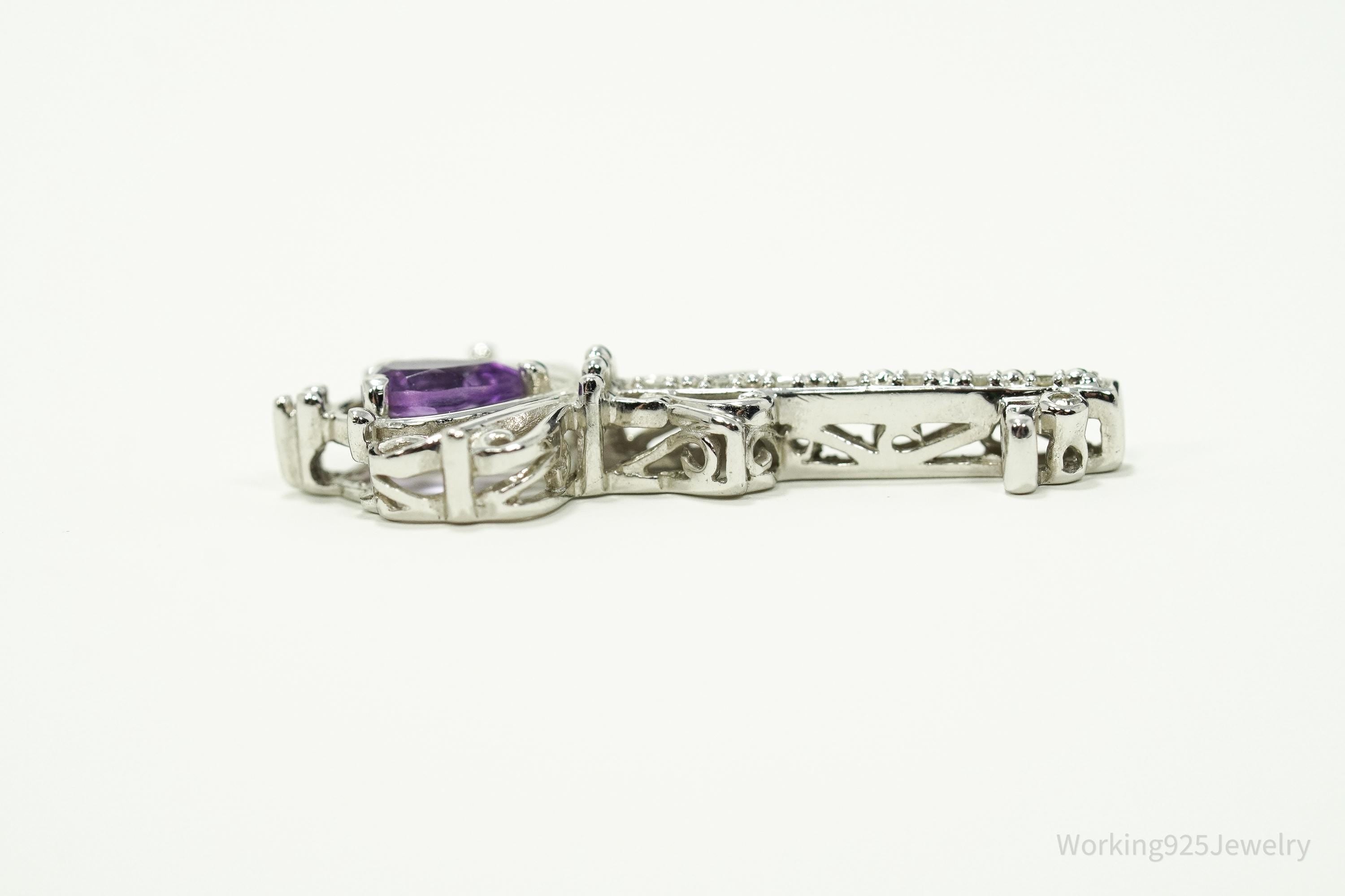 Vintage Large Designer Amethyst & Diamond Skelton Key Sterling Silver Necklace Pendant