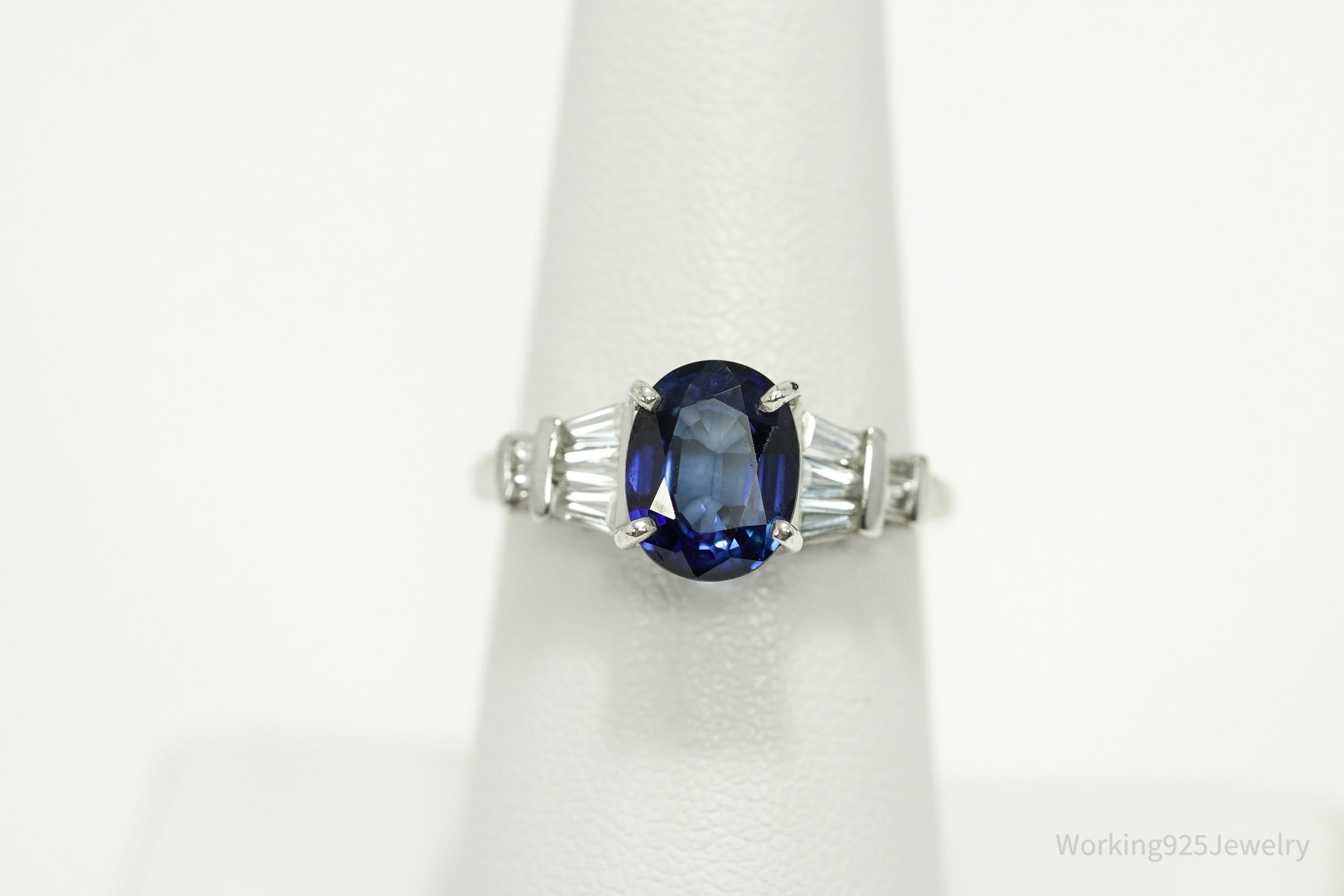 Vintage Lab Sapphire & Cubic Zirconia Sterling Silver Ring - Size 7