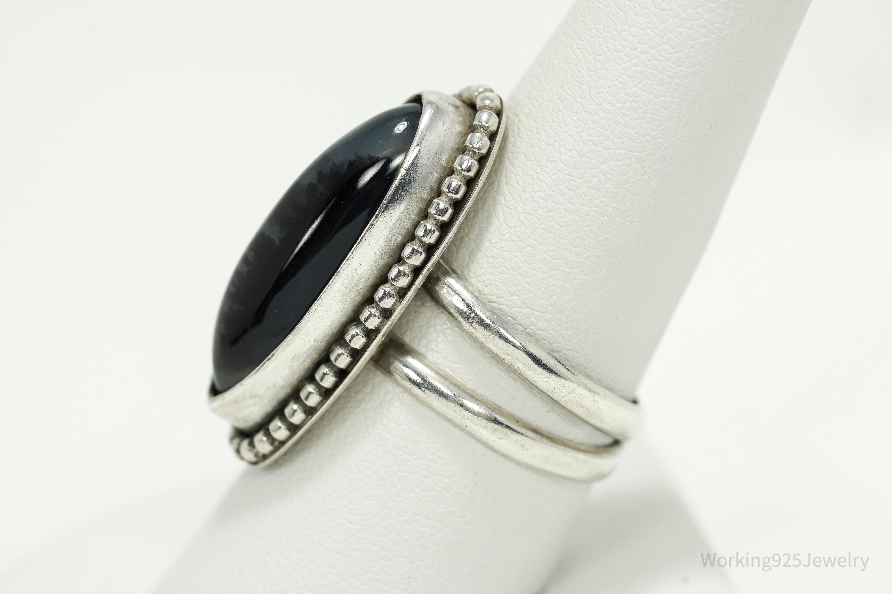 Vintage Large Agate Silver Ring - Size 9