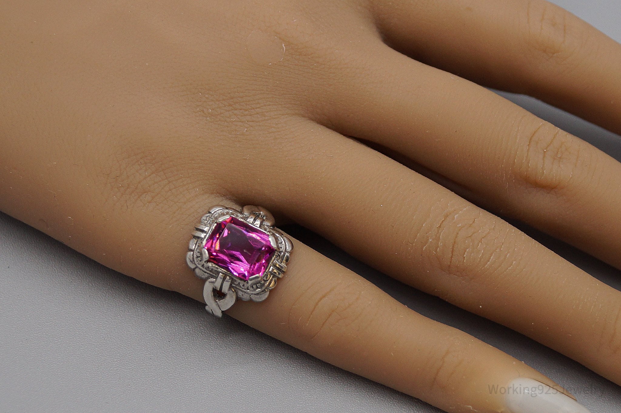 Antique Art Deco Pink Stone Sterling Silver Ring - Size 6.25