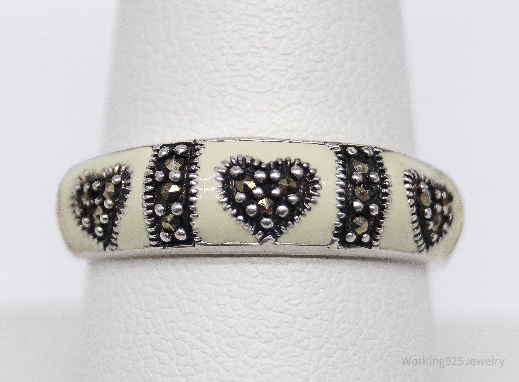 Vintage Designer DP Marcasite & Ivory Enamel Sterling Silver Ring - Size 8.75
