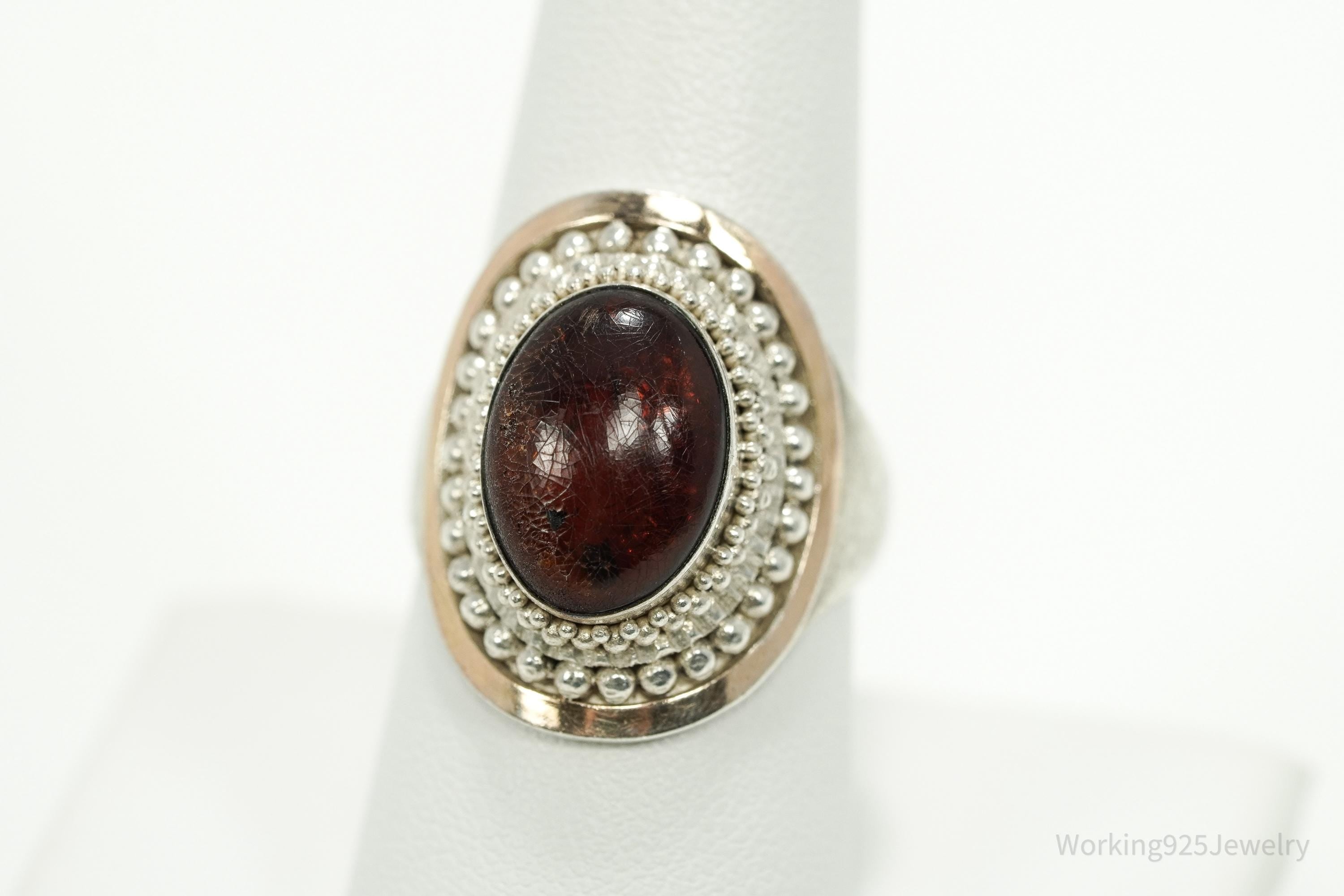 Vintage Amber Sterling Silver Gold Vermeil Ring - Size 8.25