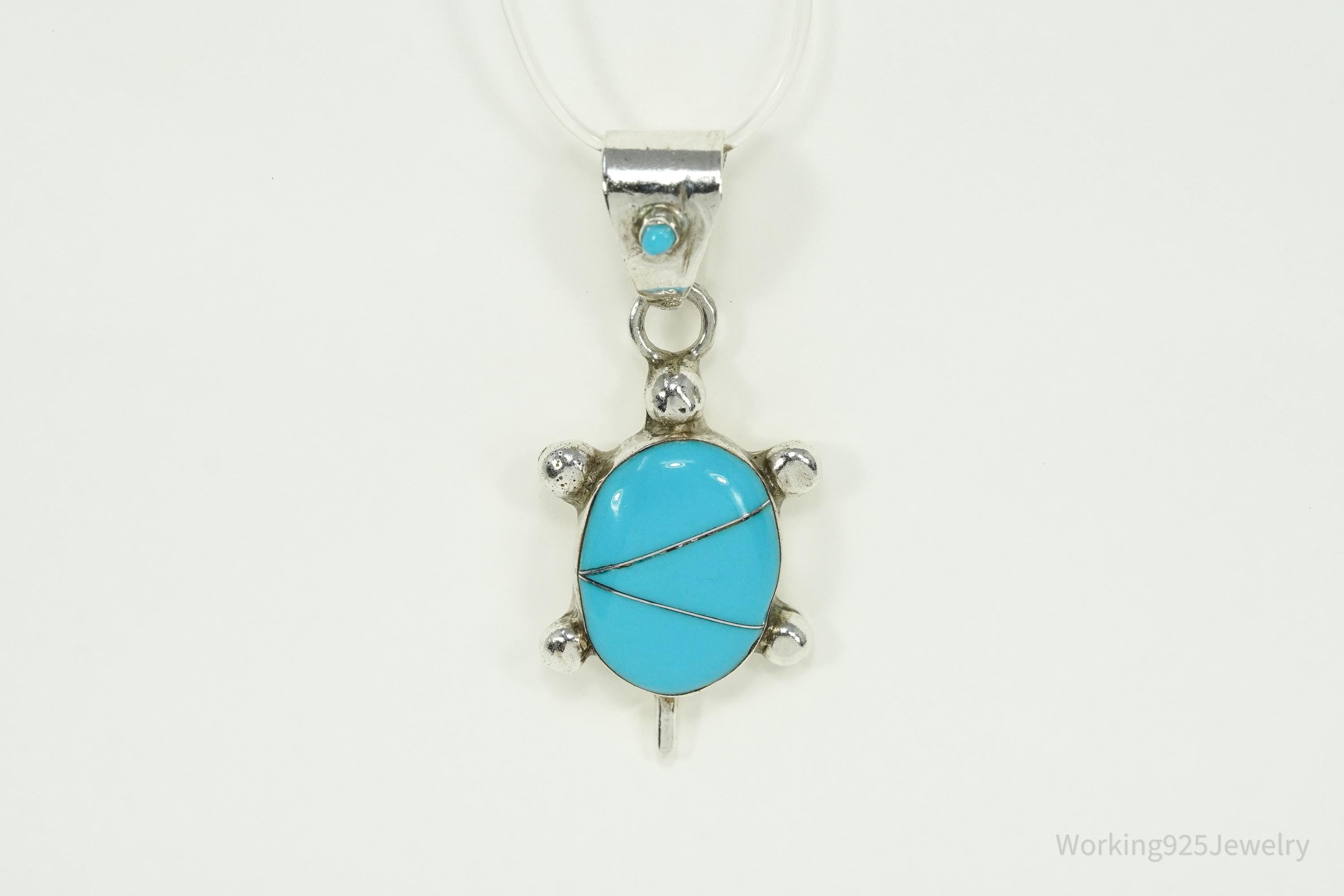Vintage Native American Turquoise Inlay Turtle Sterling Silver Pendant 1.5"