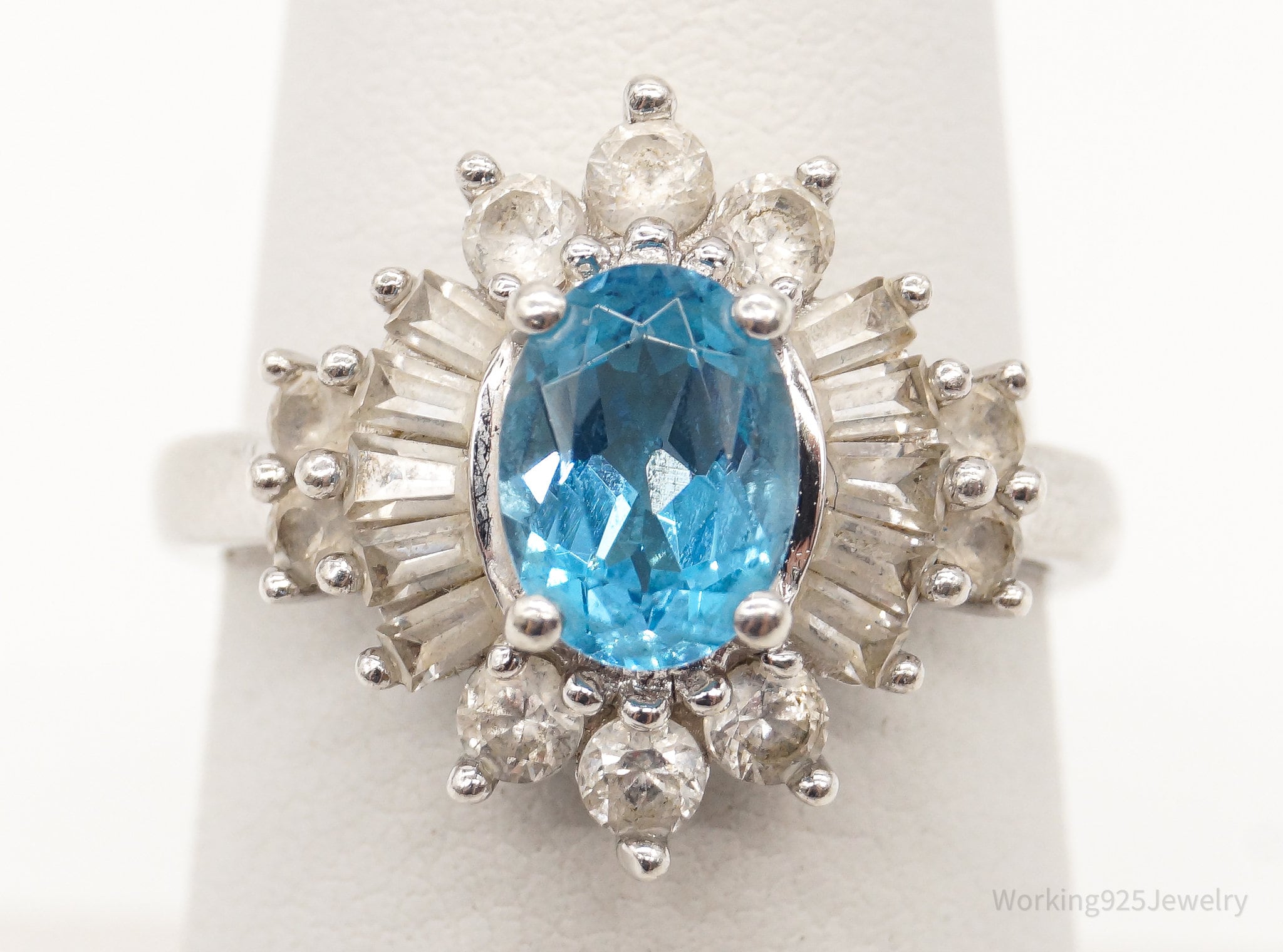 Vintage Blue Topaz Cubic Zirconia Sterling Silver Ring - Size 6.75