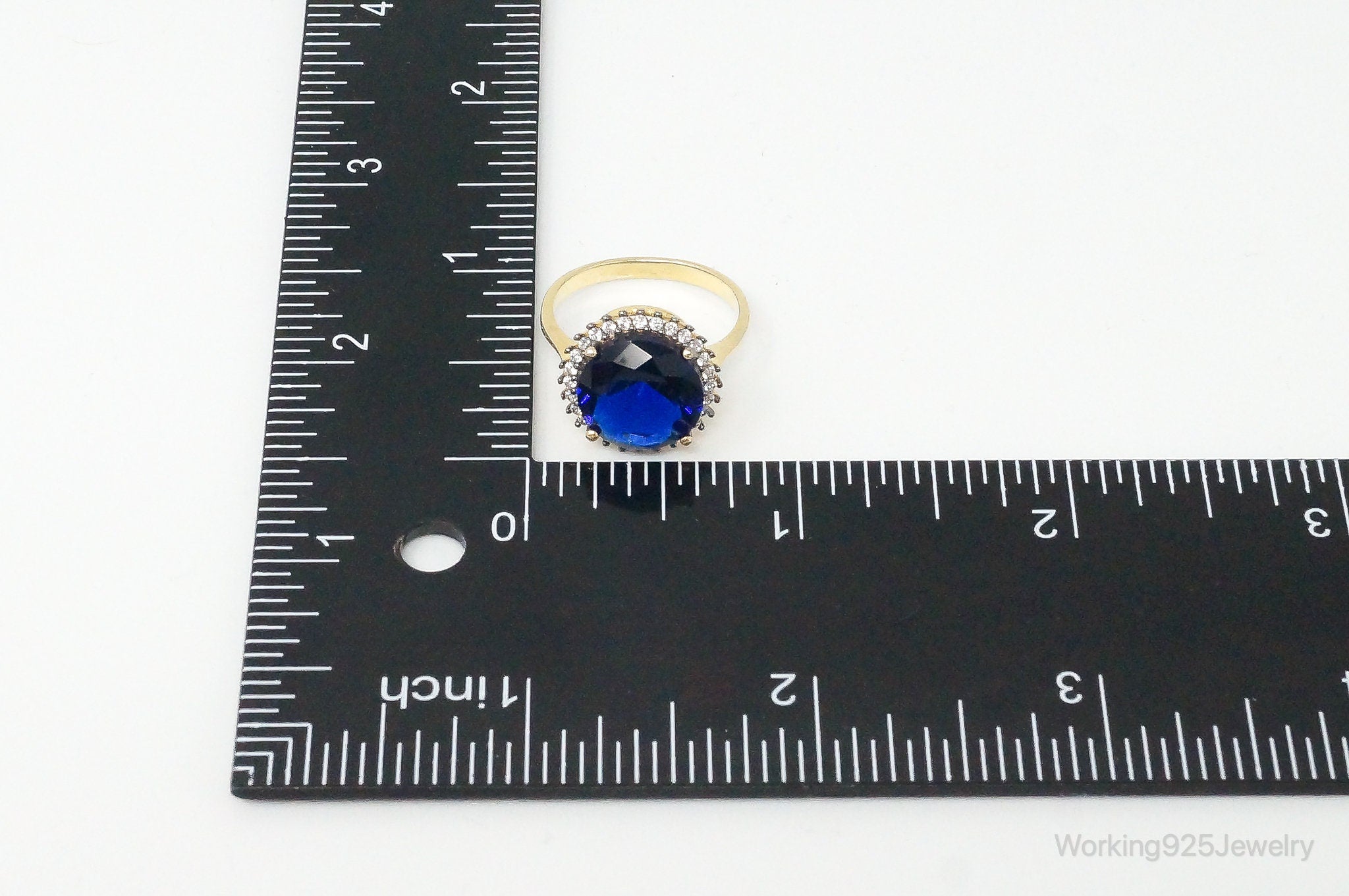 Large Blue Glass Cubic Zirconia Gold Vermeil Sterling Silver Ring - Size 8