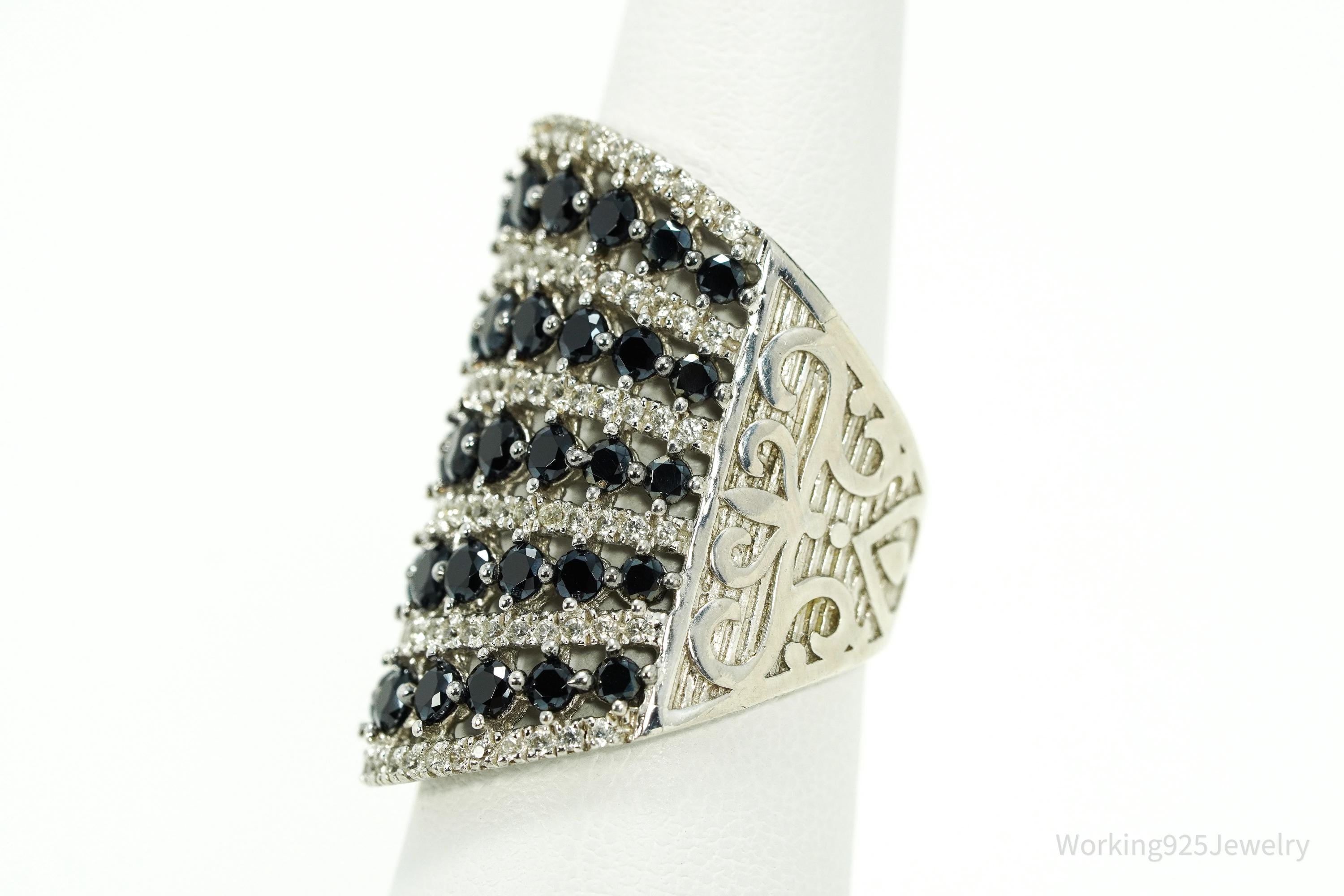 Vintage Black Spinel & White Topaz Sterling Silver Ring - Size 7