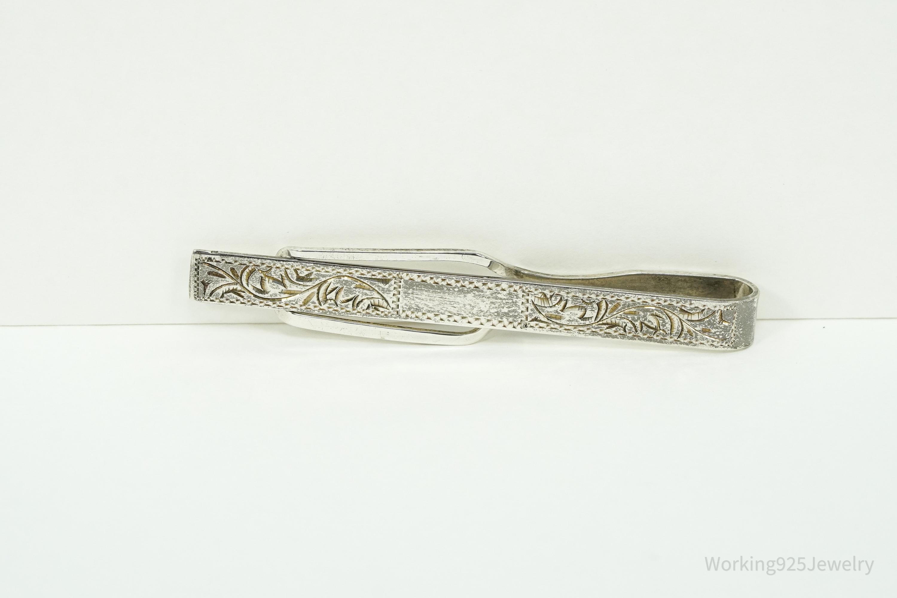 Vintage Floral Etched 950 Sterling Silver Money Clip Tie Clip