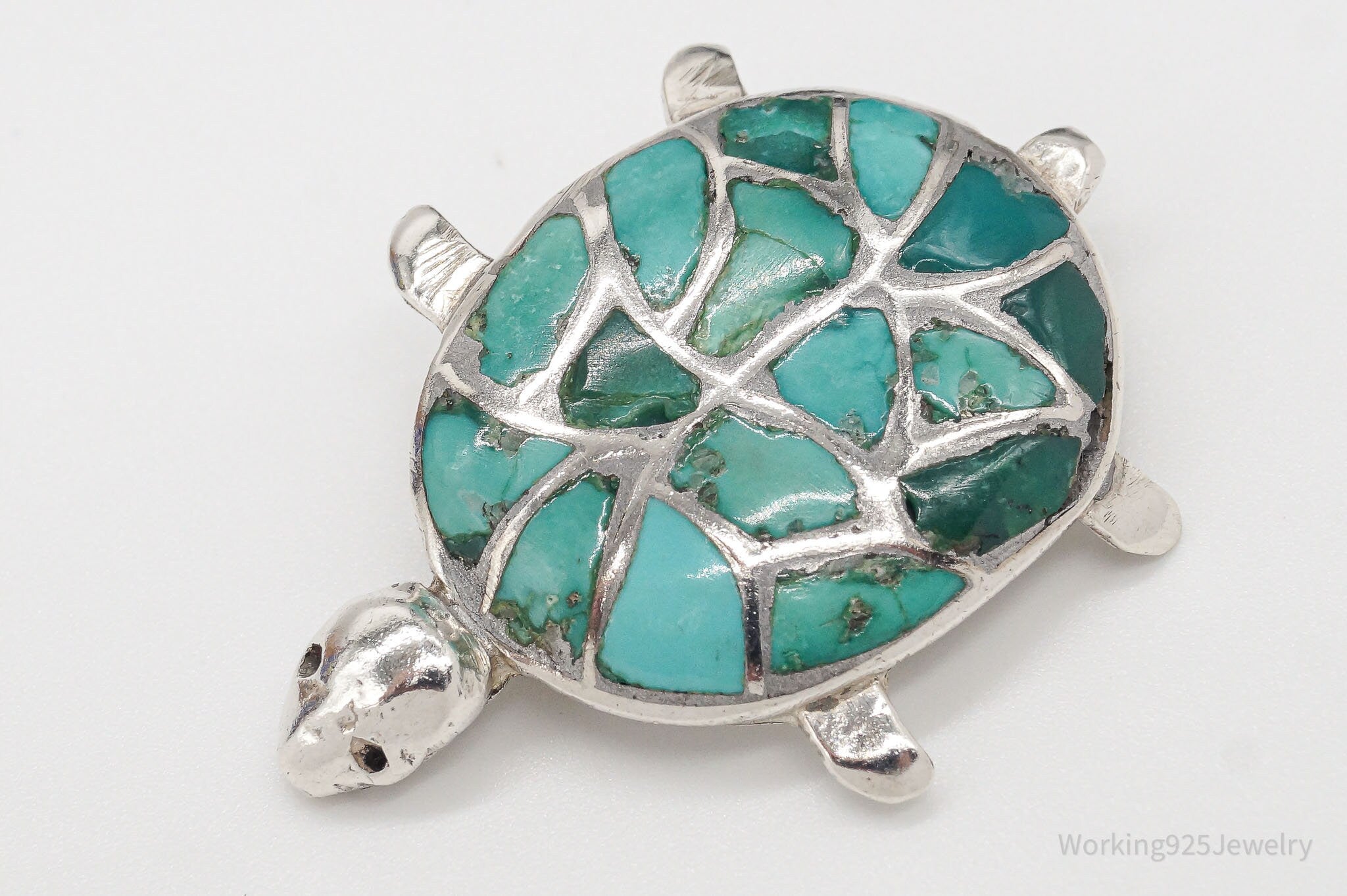 Vintage Handmade Turquoise Inlay Turtle Silver Brooch Pin