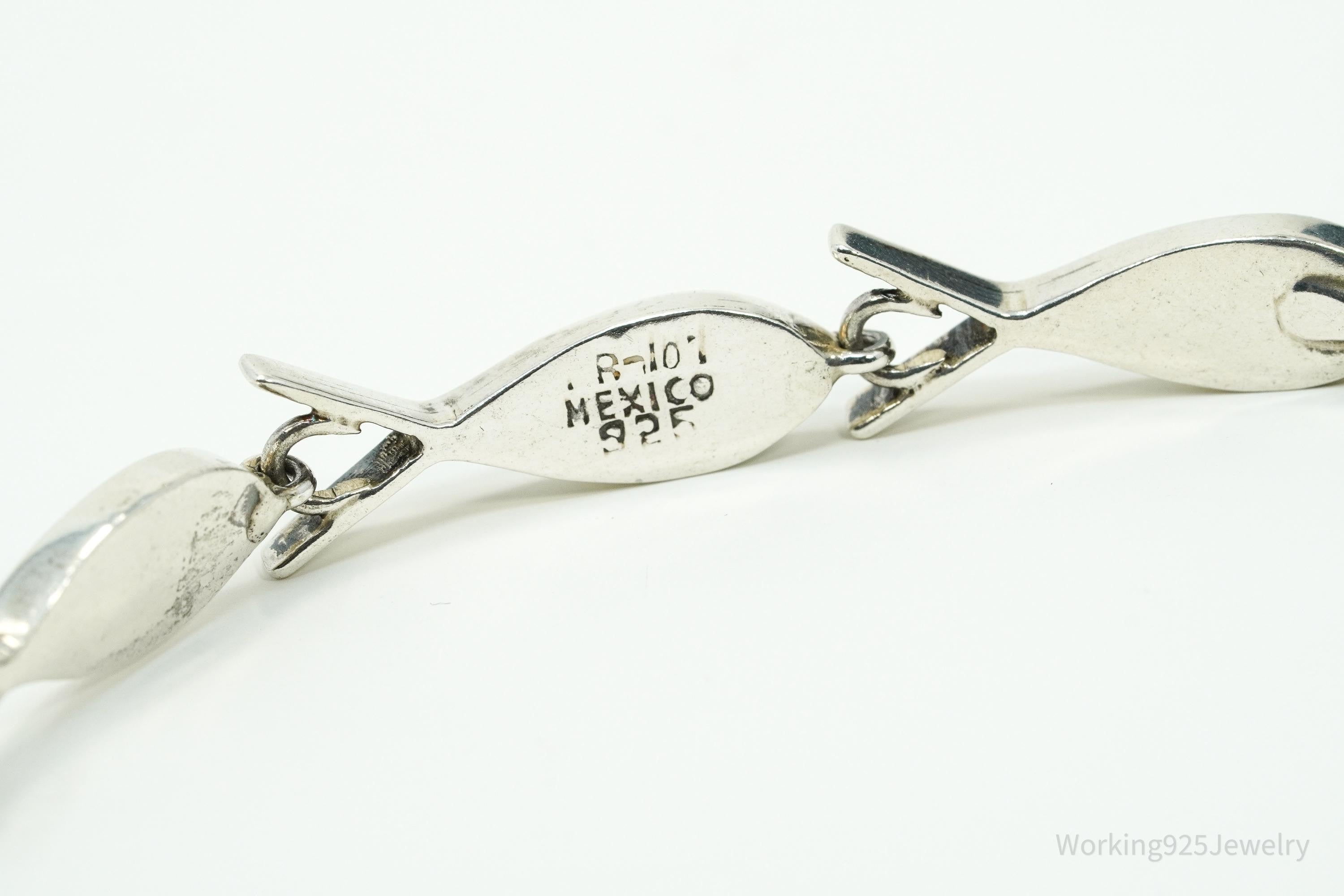 Vintage Mexico Blue Turquoise Inlay Fish Pattern Sterling Silver Bracelet - 7.25"