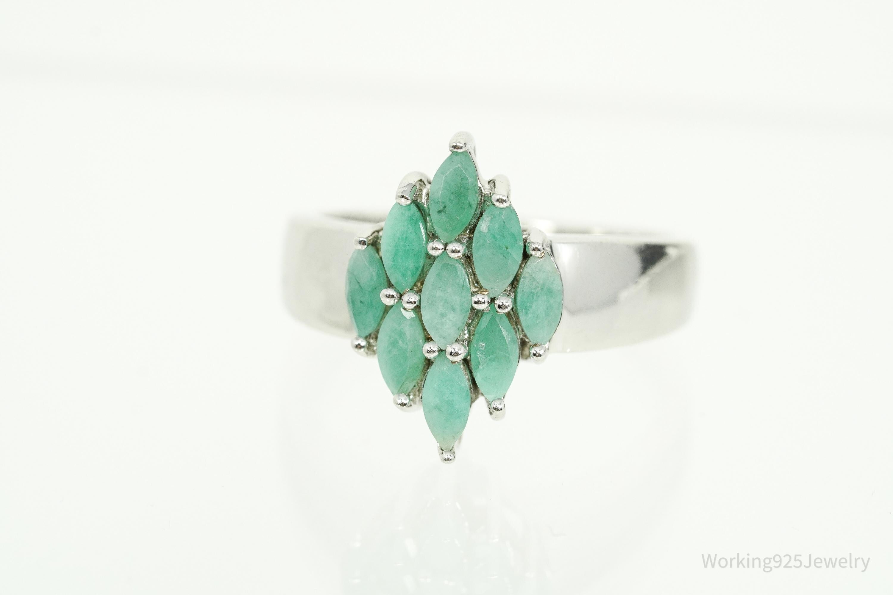 Vintage QJ Green Emerald Sterling Silver Ring - Size 8