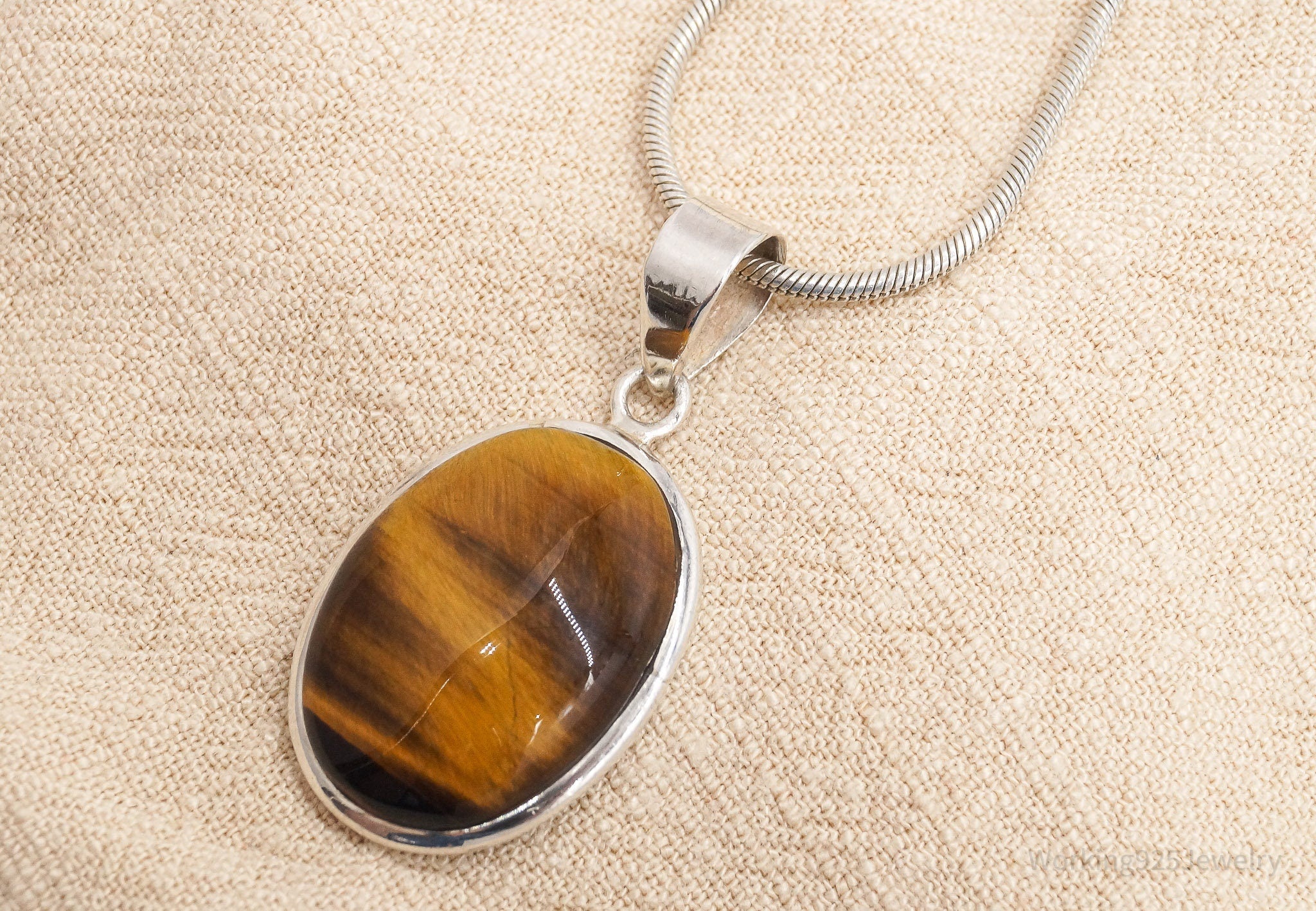 Vintage Large Tigers Eye Sterling Silver Necklace 16"