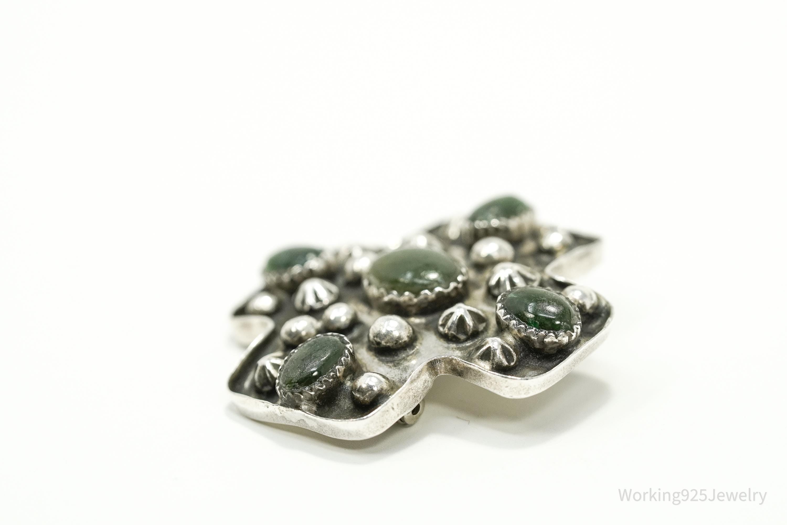 Native American Style Cross With Green Stones Sterling Silver Pin