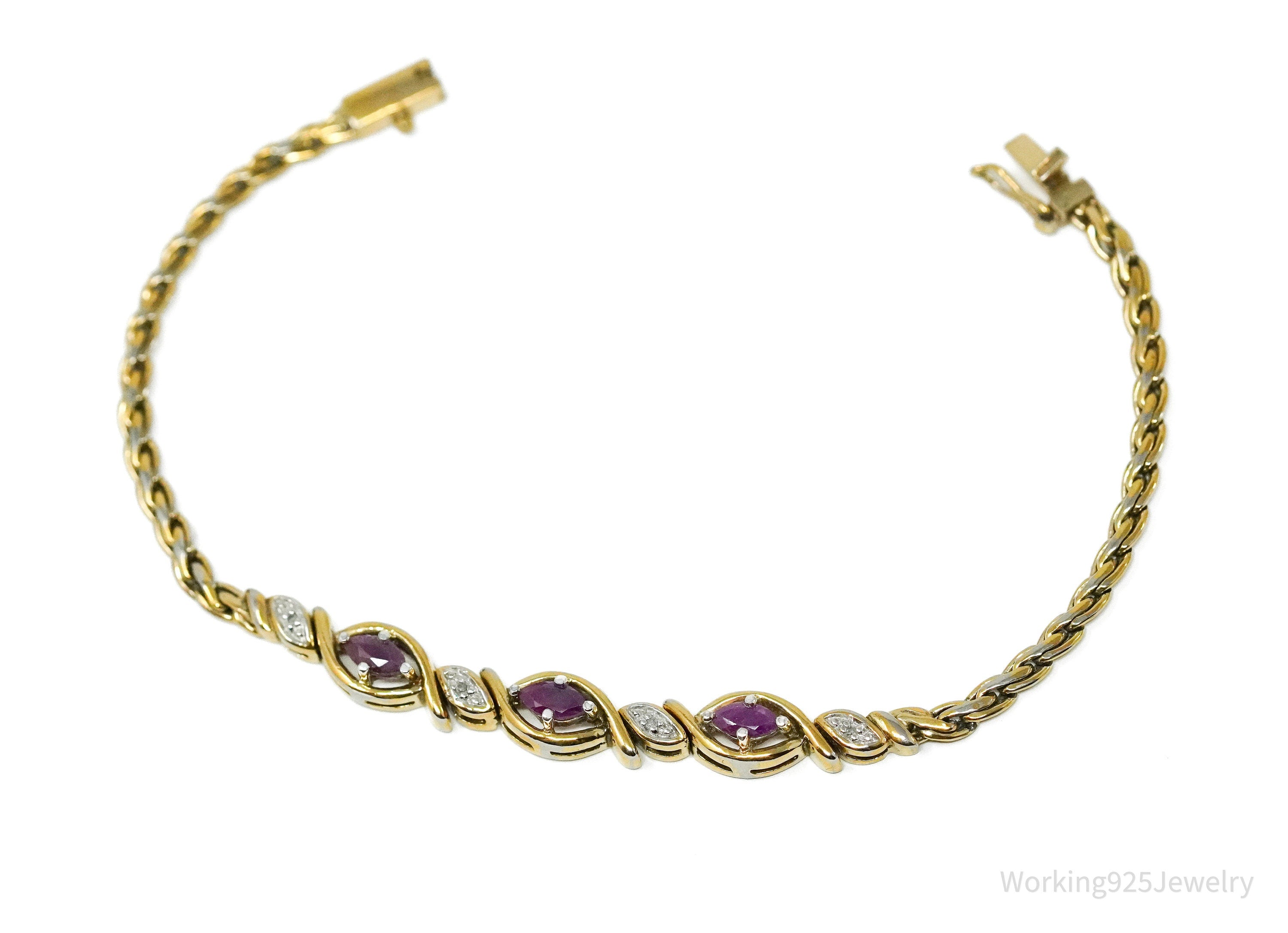 Vintage PAJ Diamond & Ruby Gold Over Sterling Silver Bracelet 7.25"