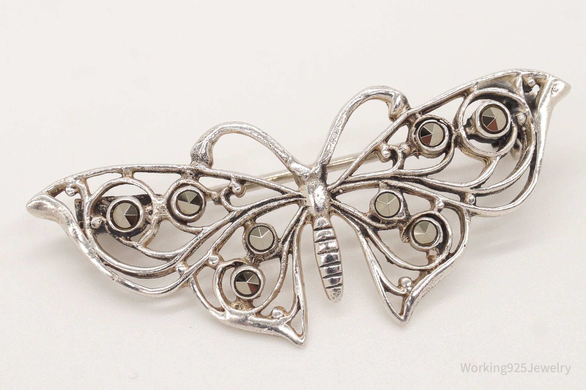 Vintage Marcasite Filigree Sterling Silver Butterfly Brooch Pin