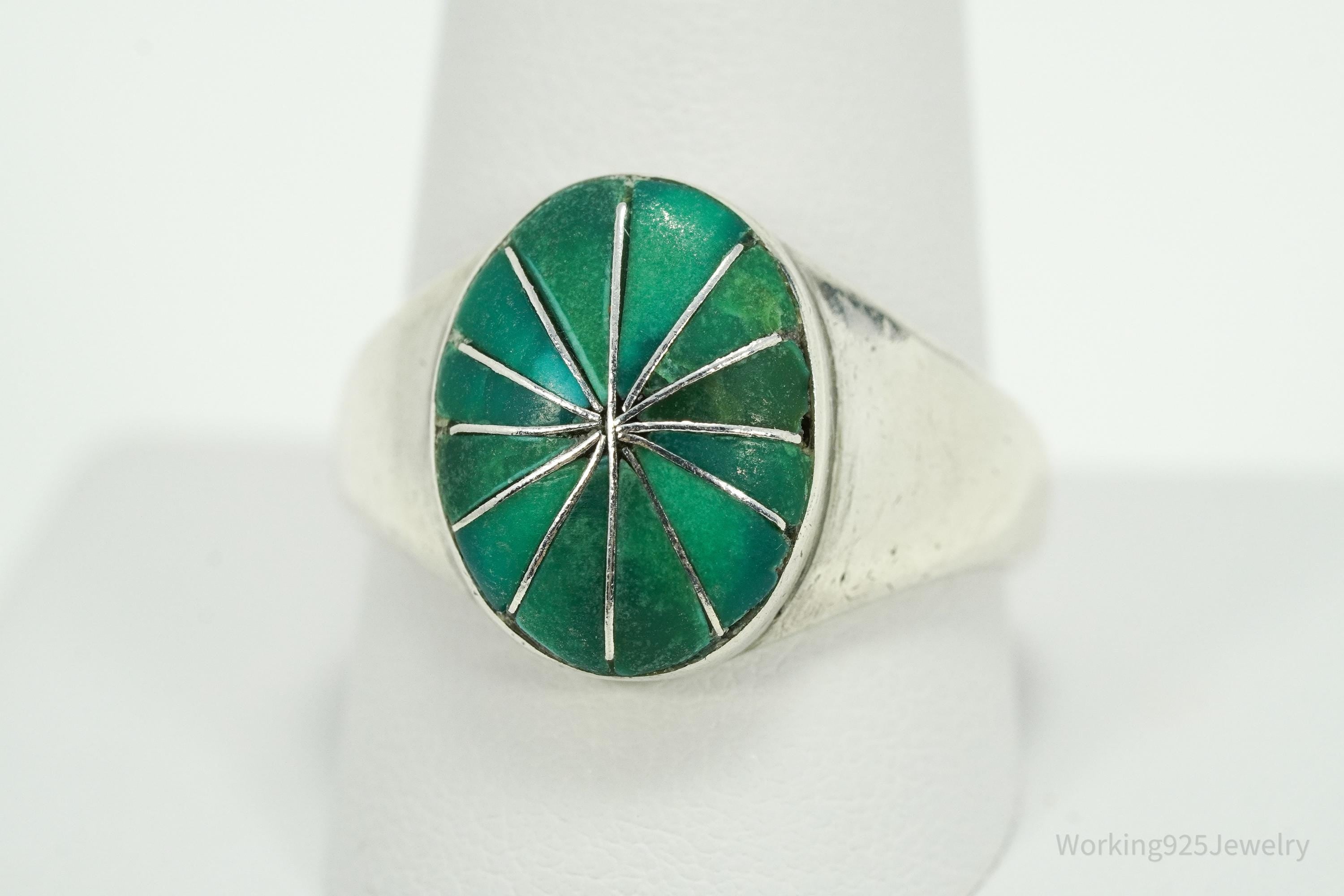 Vintage Handmade Native American Turquoise Inlay Silver Ring - Size 11.25