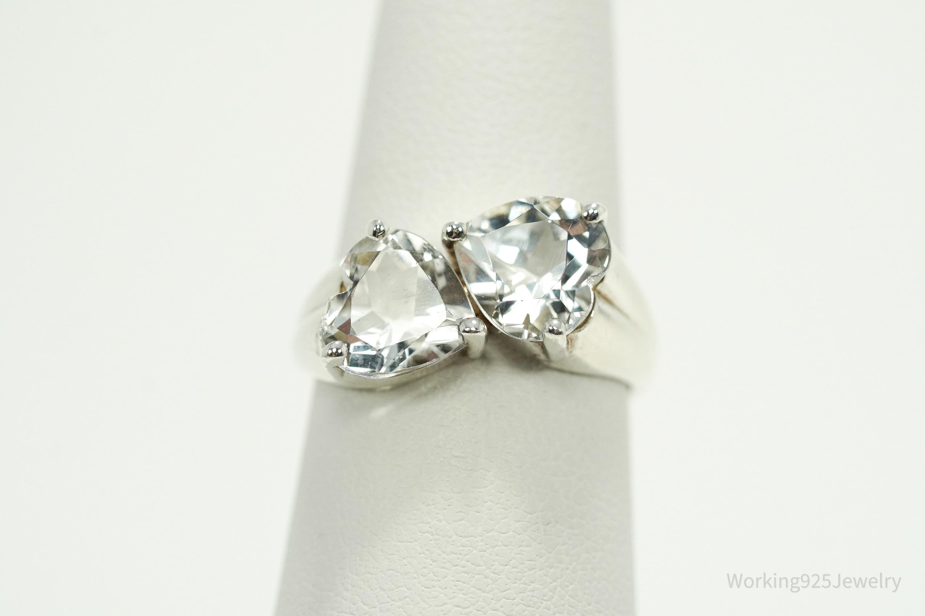 Vintage White Topaz Linked Hearts Sterling Silver Ring - Size 6