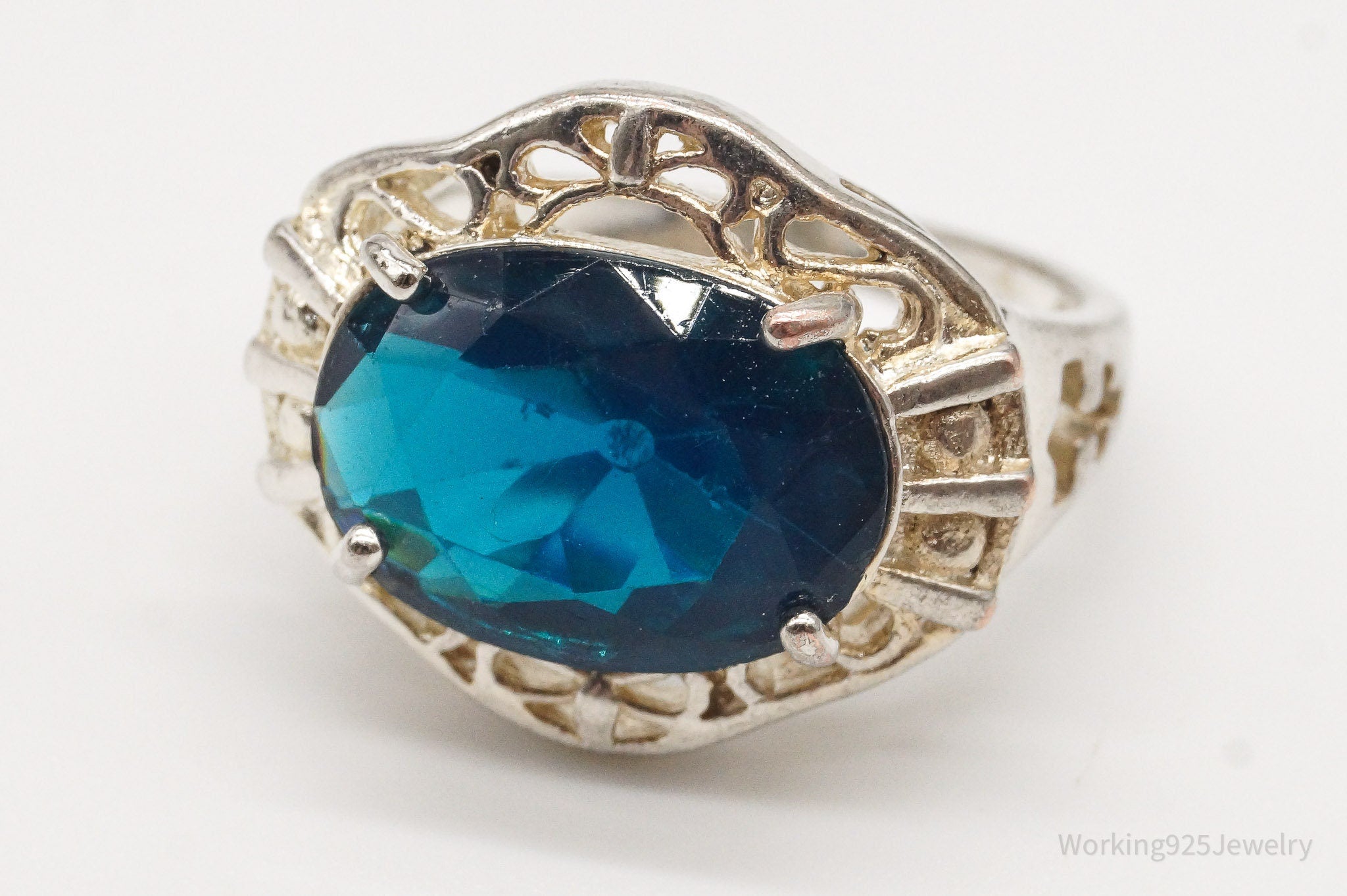 Vintage Blue Stone Sterling Silver Plated Ring - Size 6.75