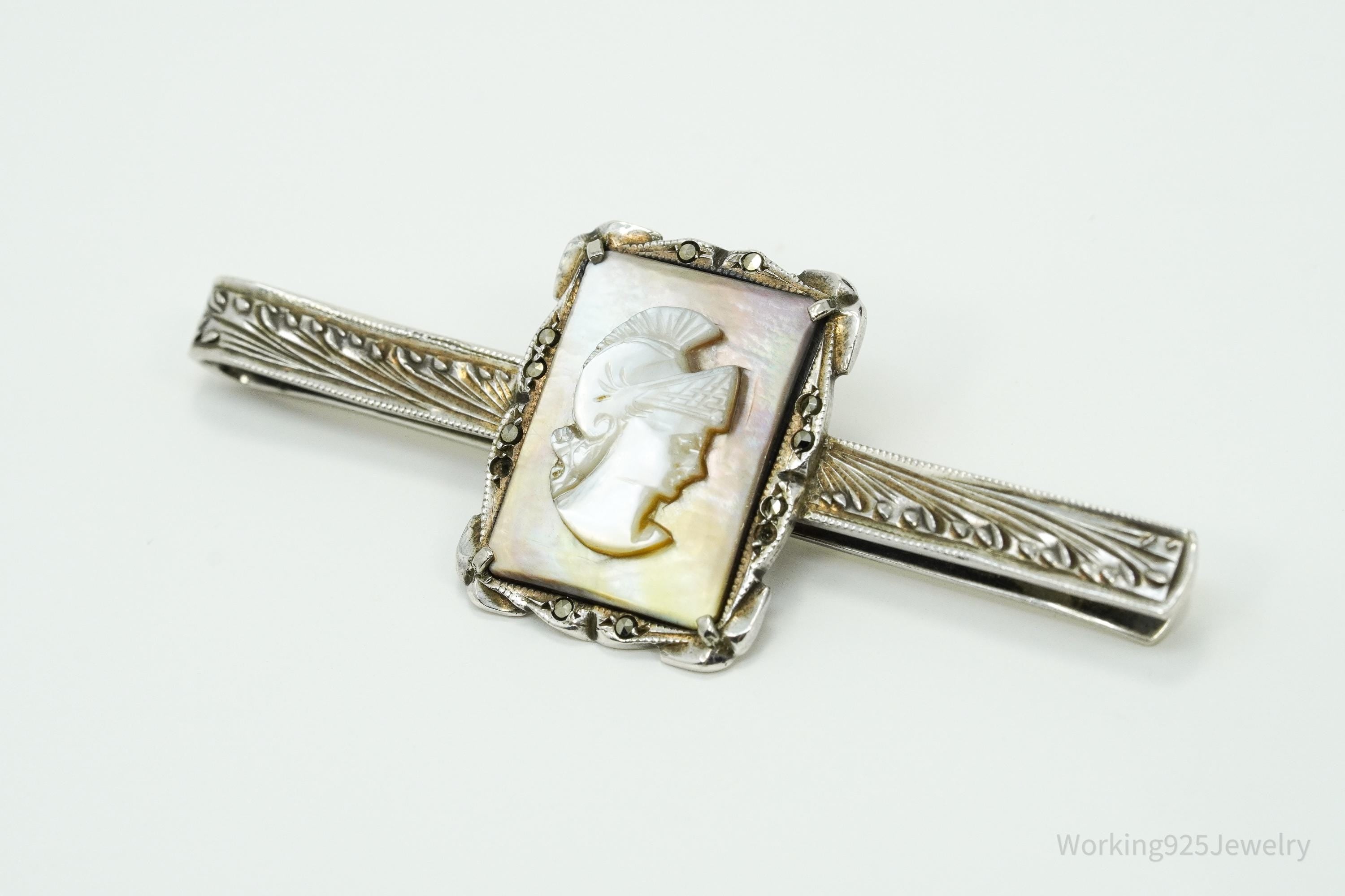 Antique Victorian 800 Silver Mother of Pearl Cameo And Marcasite Warrior Tie Clip