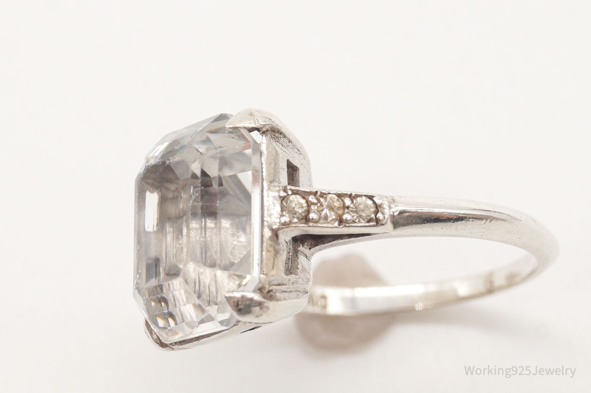 Antique Faux Diamond Glass Sterling Silver Ring - Size 6.75