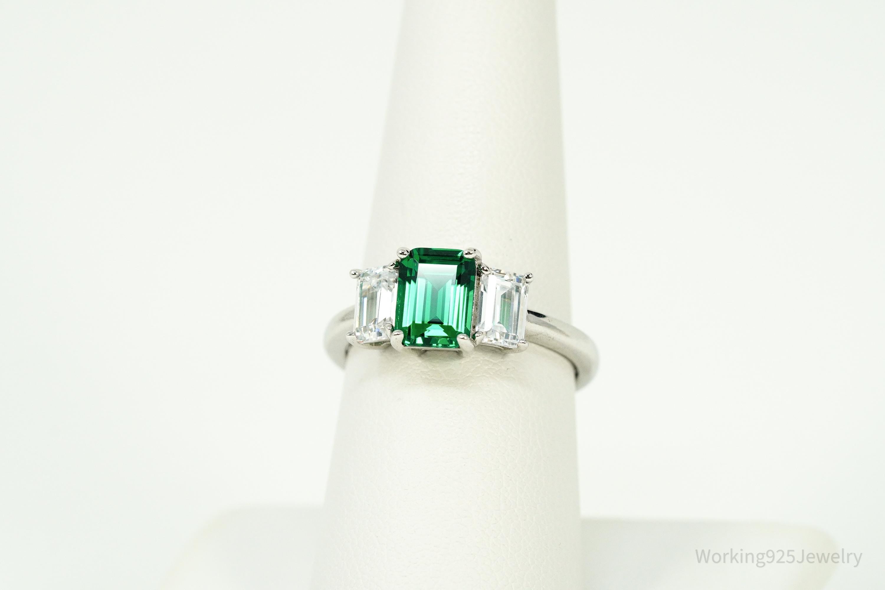 Vintage Lab Emerald & Cubic Zirconia Sterling Silver Ring - Size 8