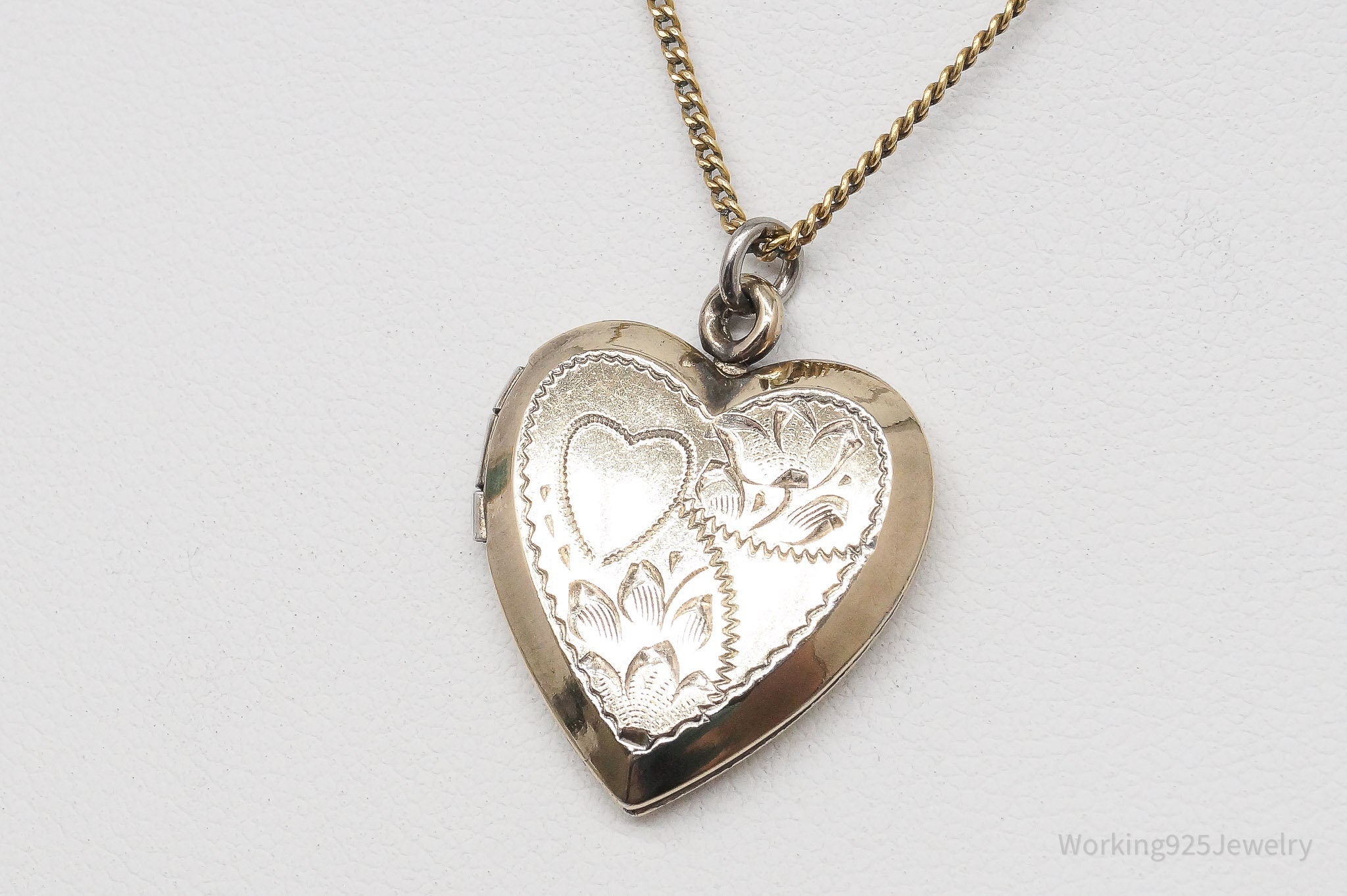 Antique S & C 12K Gold Filled Heart Locket Sterling Silver Necklace - 18"