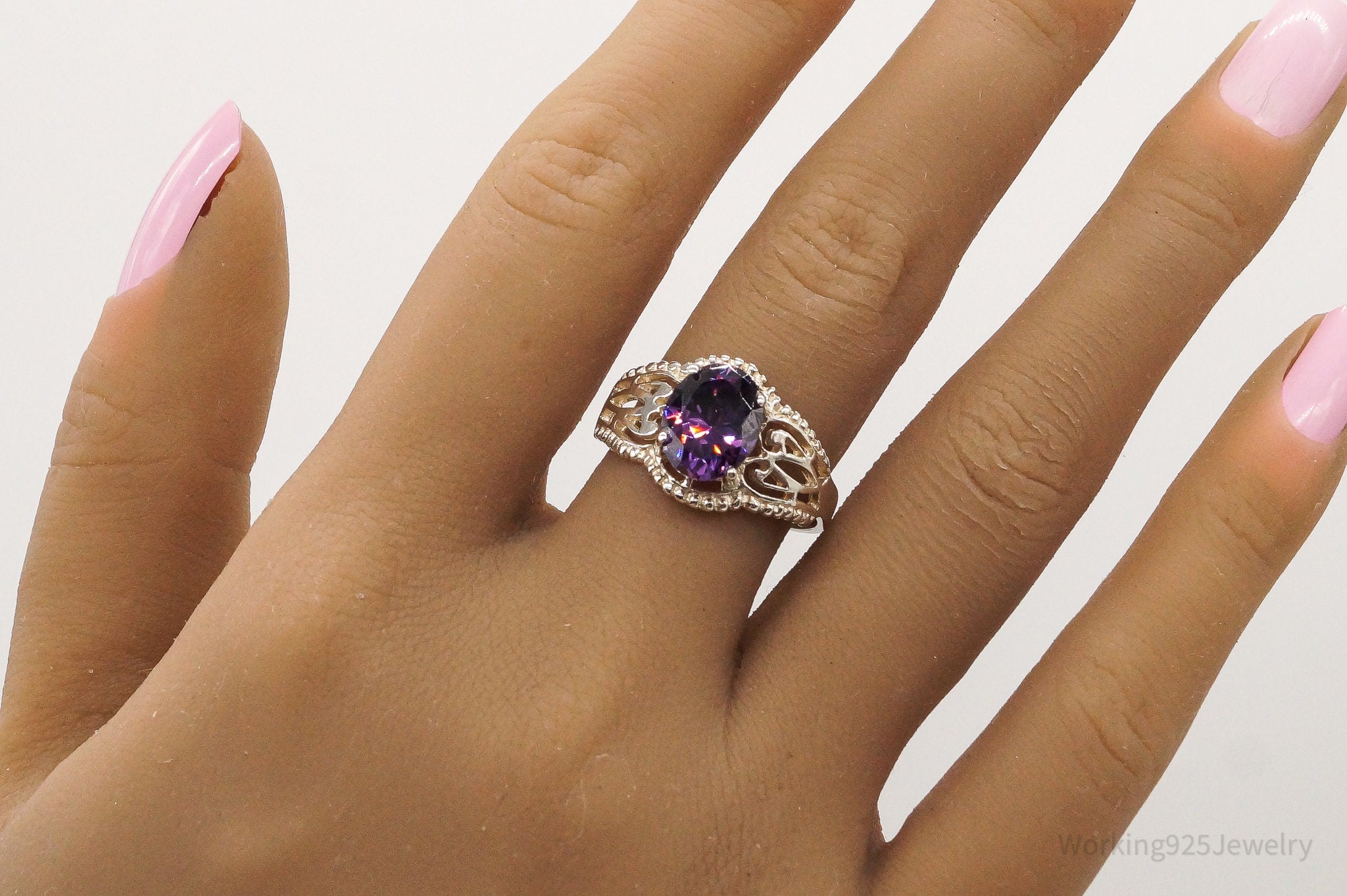 Vintage Purple Cubic Zirconia Sterling Silver Ring - Size 10.25