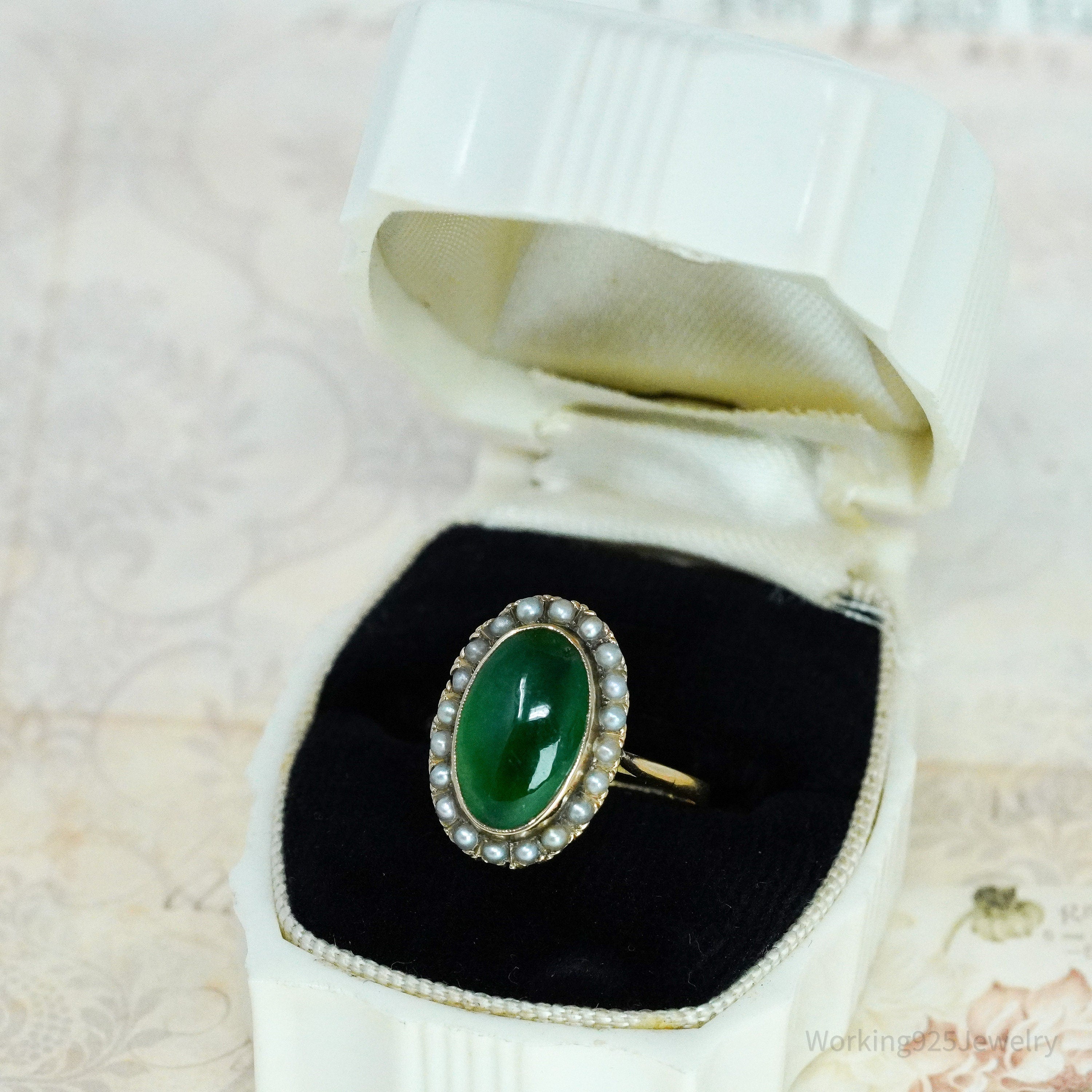 14K Yellow Gold Jadeite Jade Cabochon & Seed Pearls Ring - Size 4 1/2