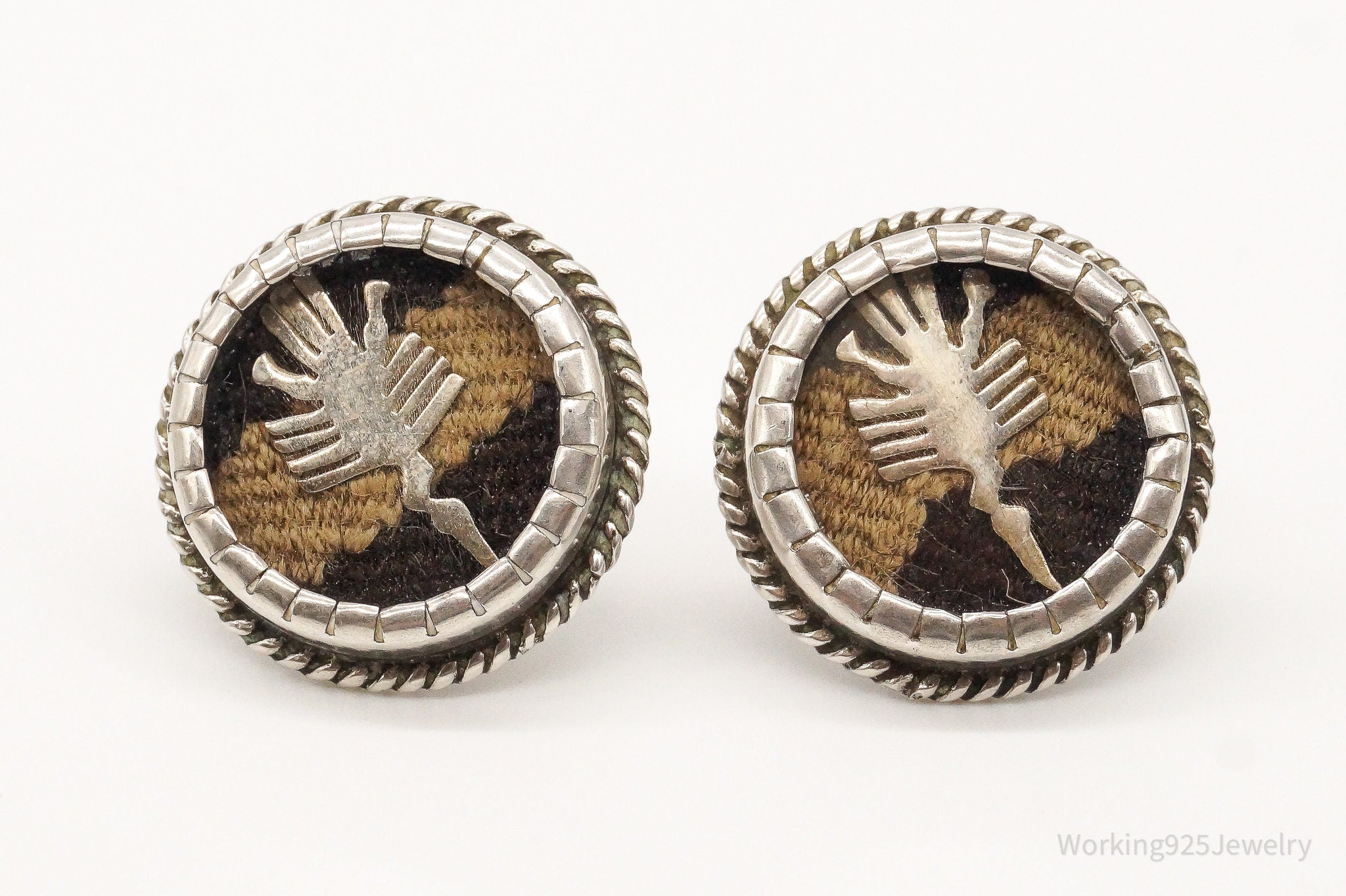 Vintage Mexican Blanket Woven Sterling Silver Earrings