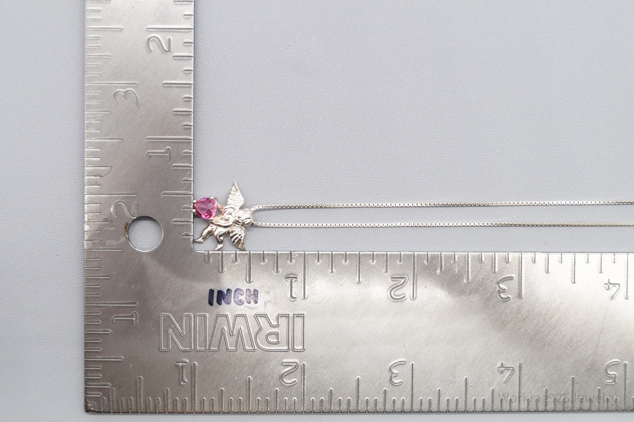 Vintage Angel Cherub Pink Gemstone Sterling Silver Necklace 18"