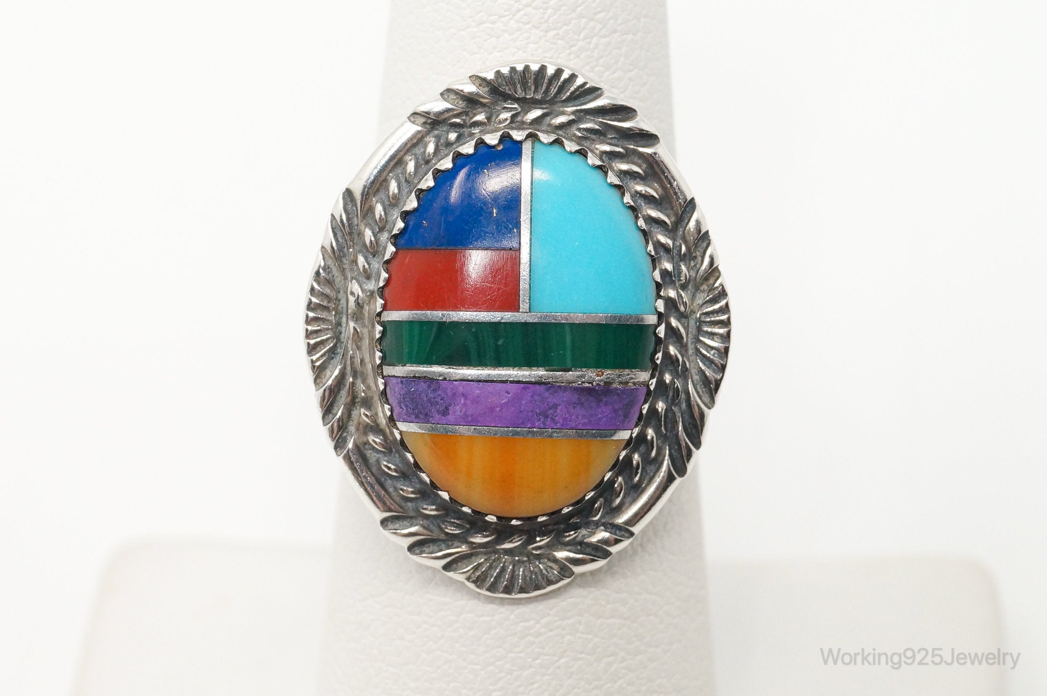 Vtg Native American Multi Gem Inlay Unsigned Sterling Silver Ring - Sz 6.25