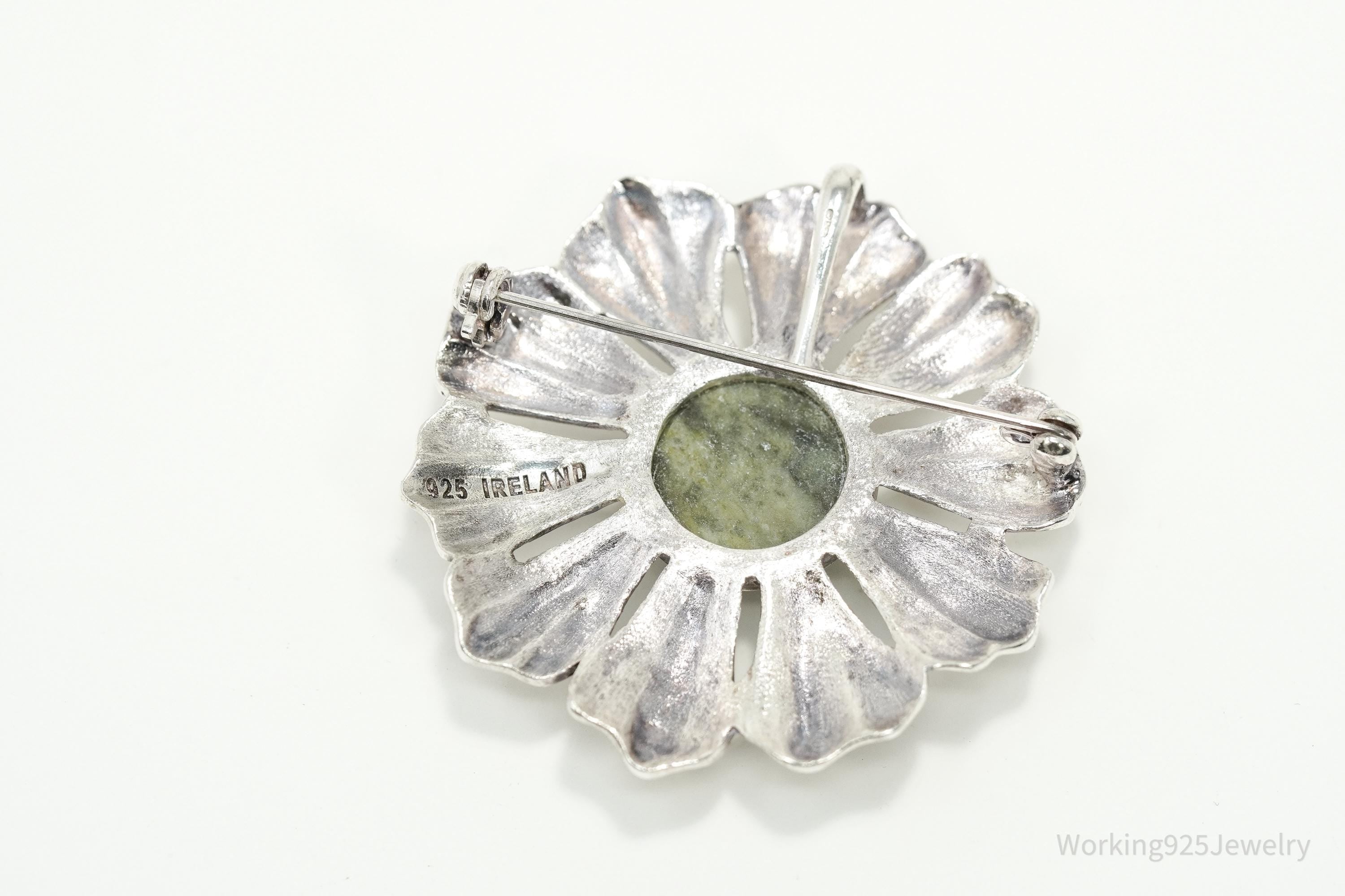Large Vintage 1990s Connemara Marble Sterling Silver Flower Irish Brooch Pendant 1.75"